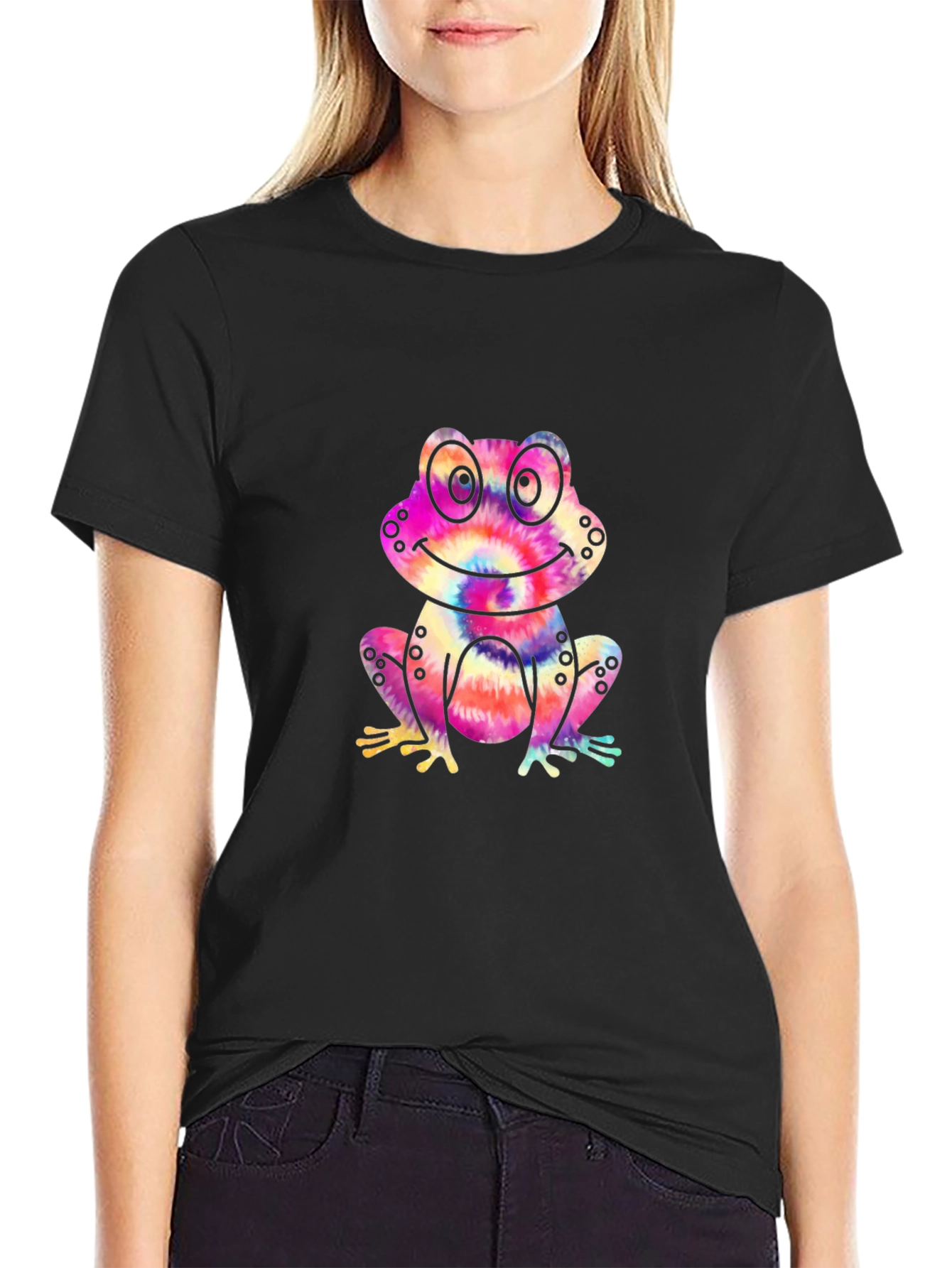 Tie-Dye Frog Graphic Black T-Shirt