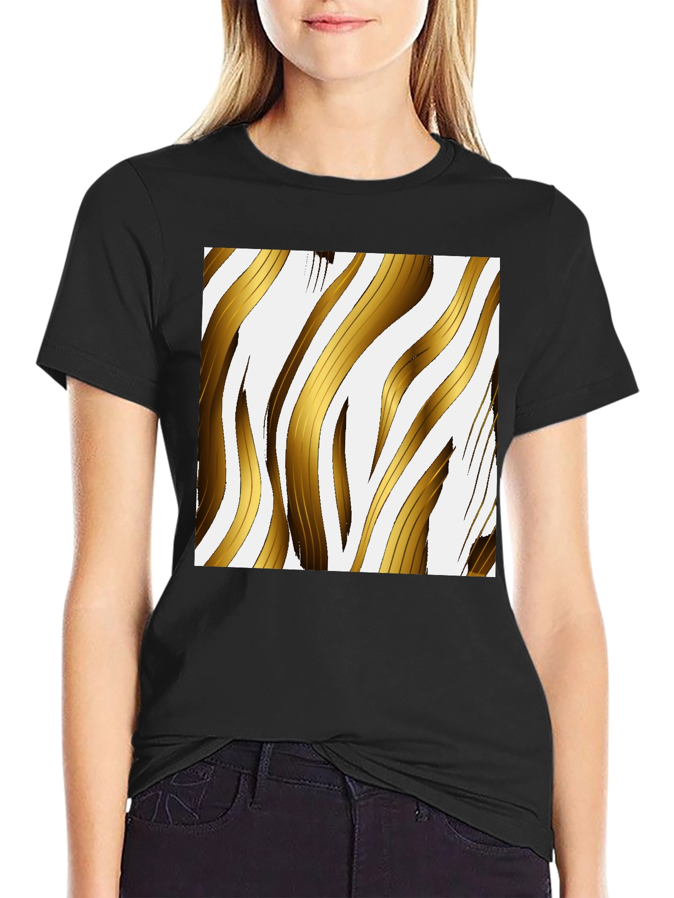 Gold Stripe Print Black T-Shirt