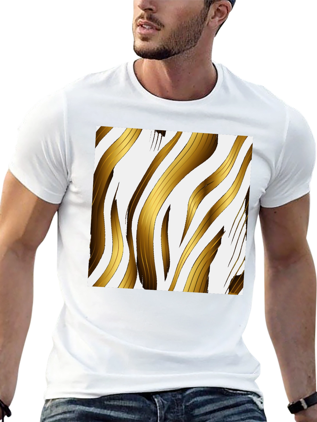 Gold Stripe Print Black T-Shirt