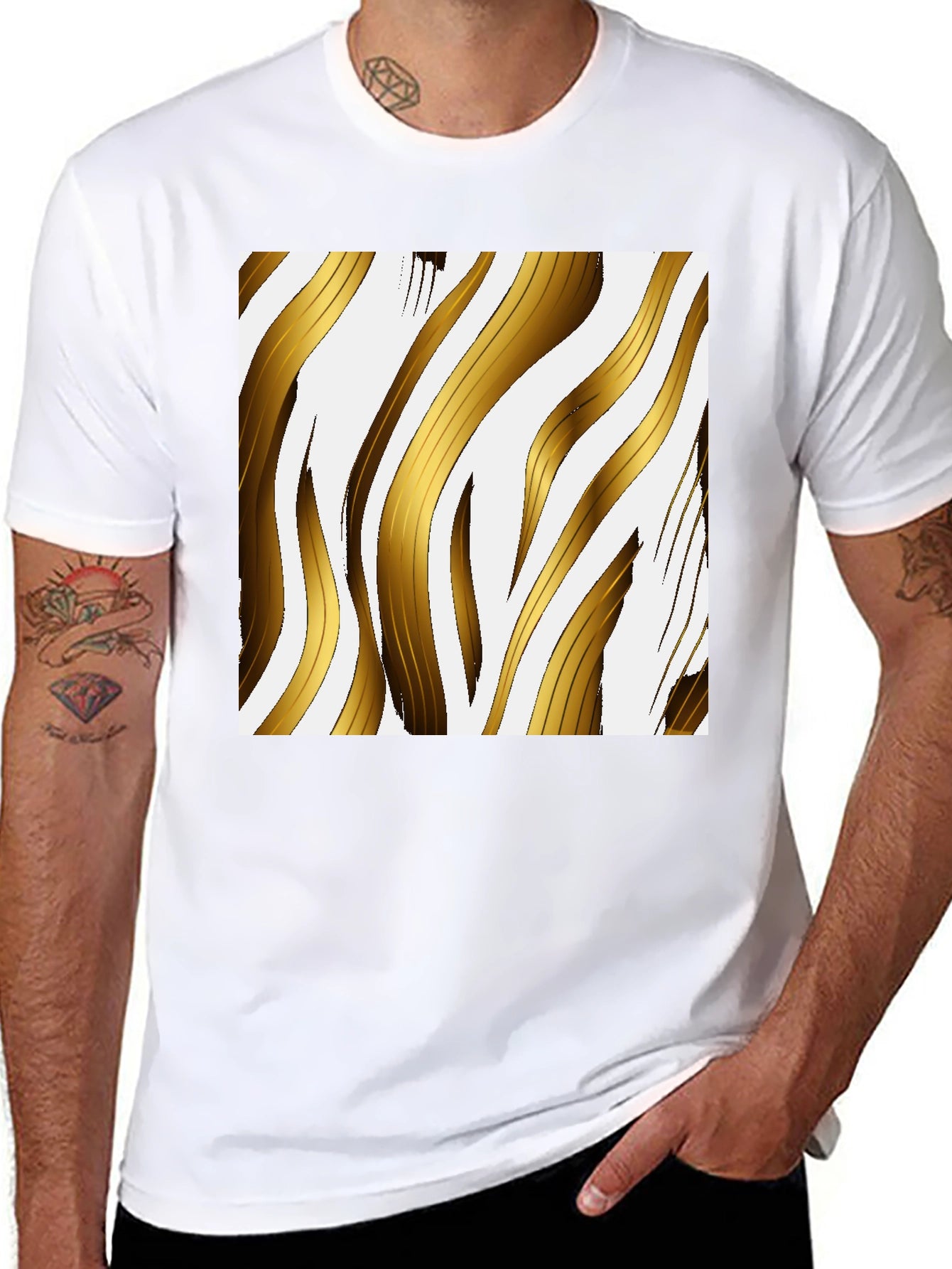 Gold Stripe Print Black T-Shirt