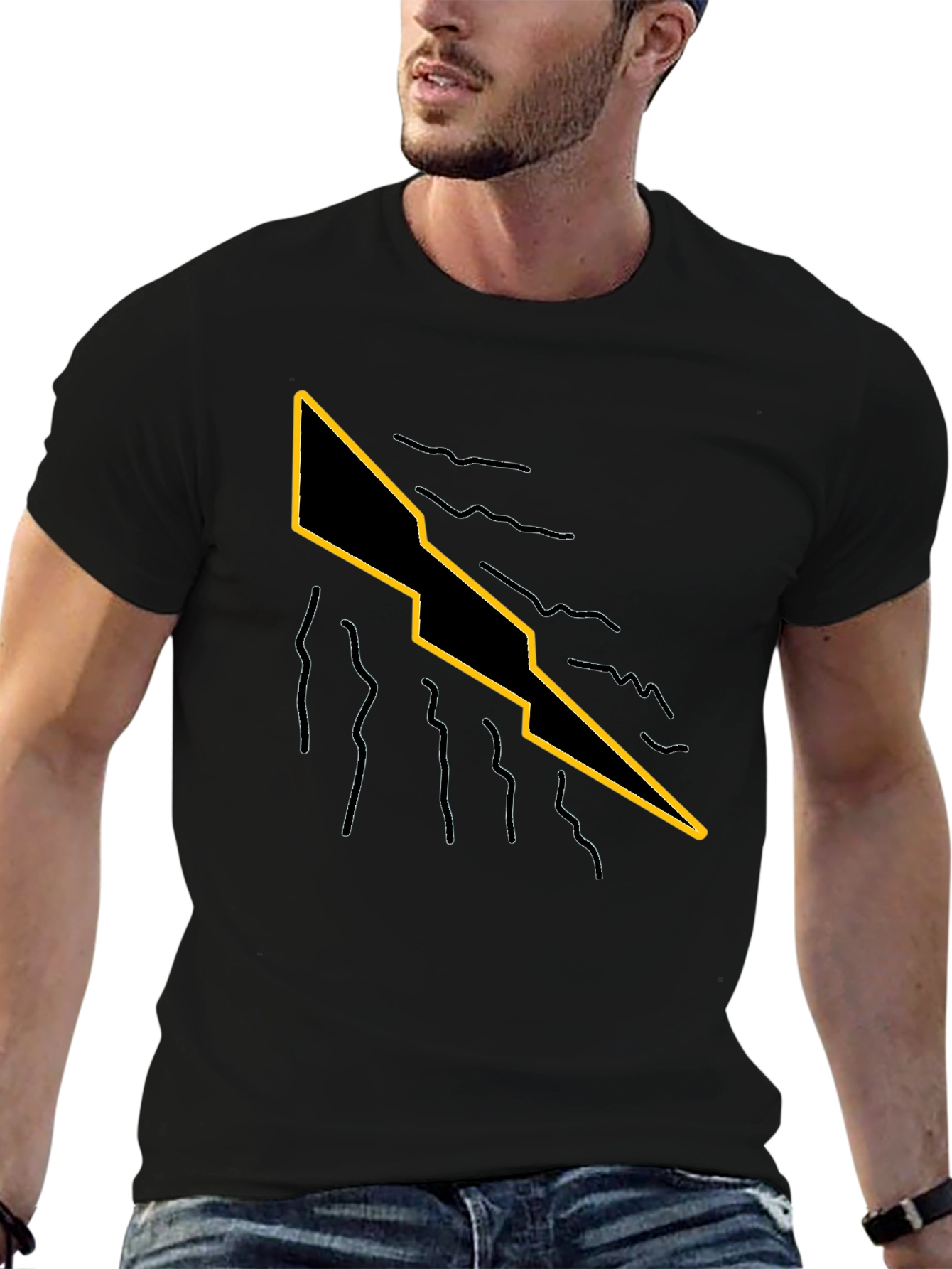 Mens Black T-Shirt with Graphic Lightning Bolt Design