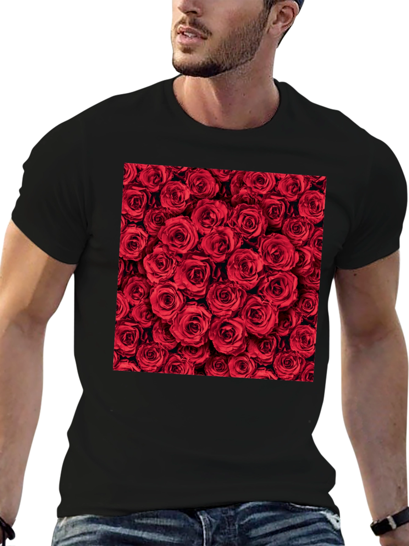 Red Roses Floral Print Crew Neck T-Shirt