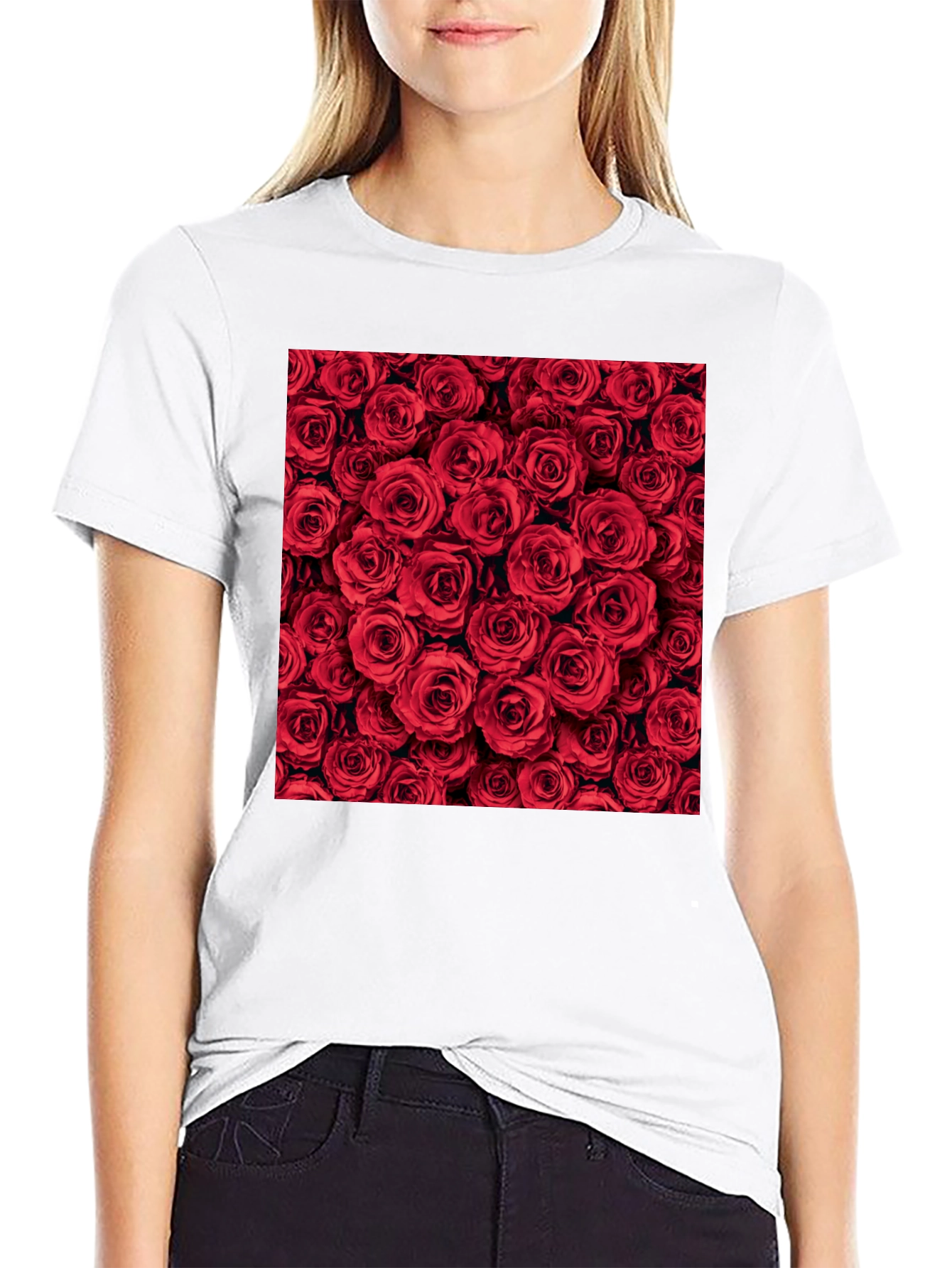 Red Roses Floral Print Crew Neck T-Shirt