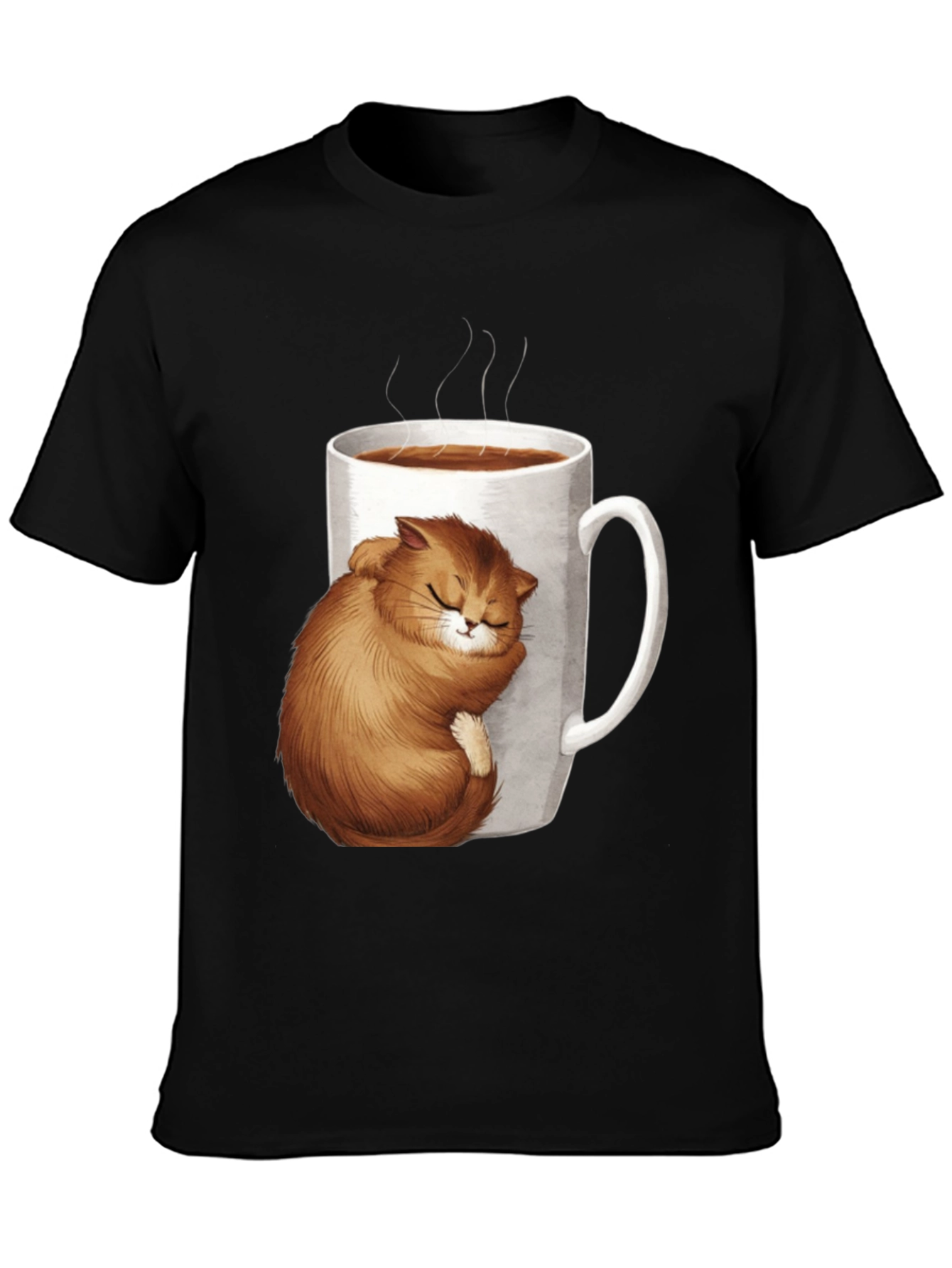 Cute Cat in Coffee Cup Black T-Shirt