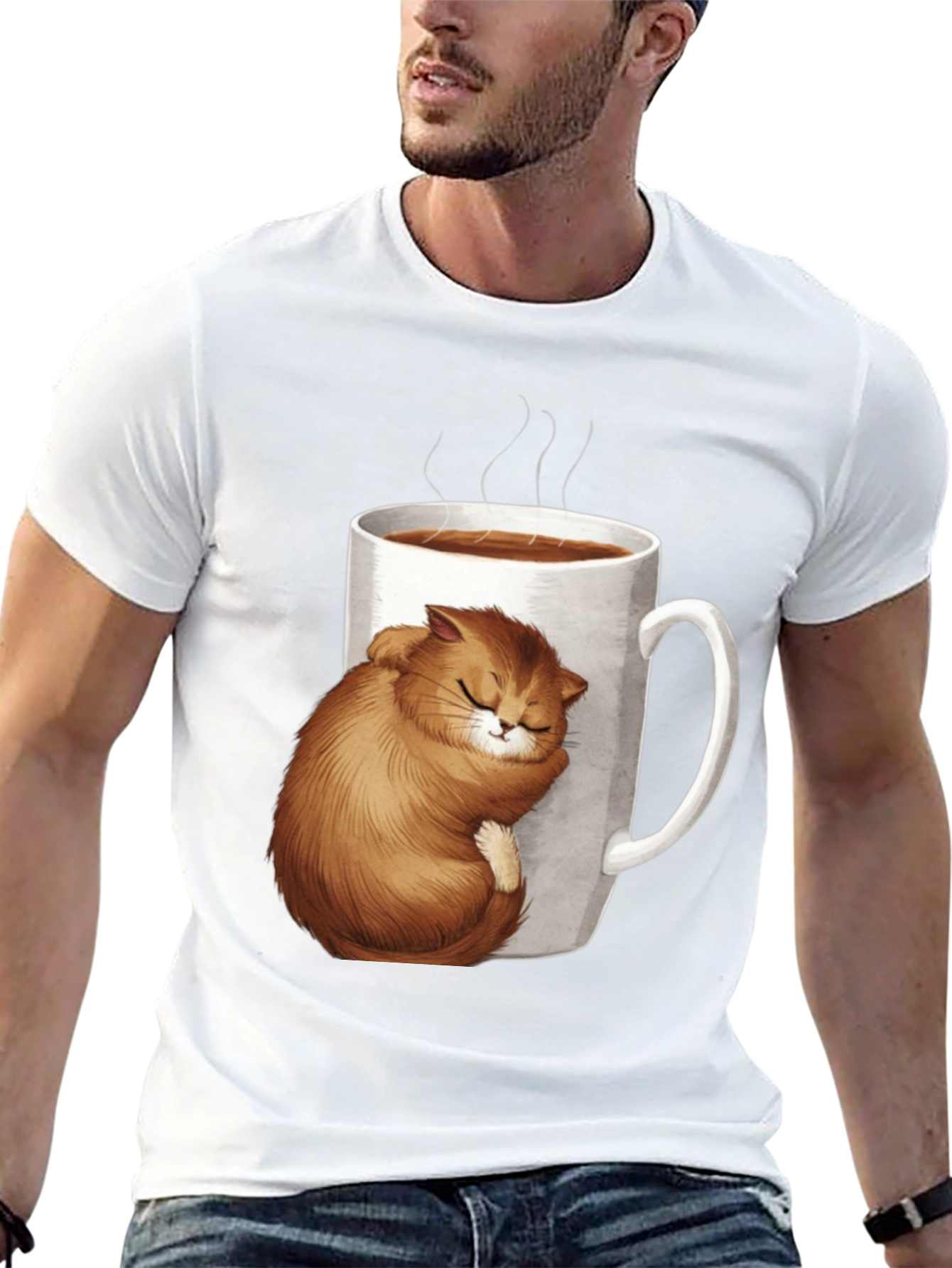 Cute Cat in Coffee Cup Black T-Shirt