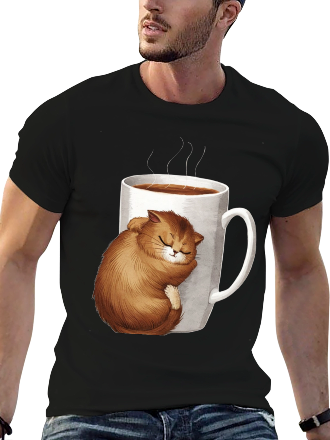 Cute Cat in Coffee Cup Black T-Shirt