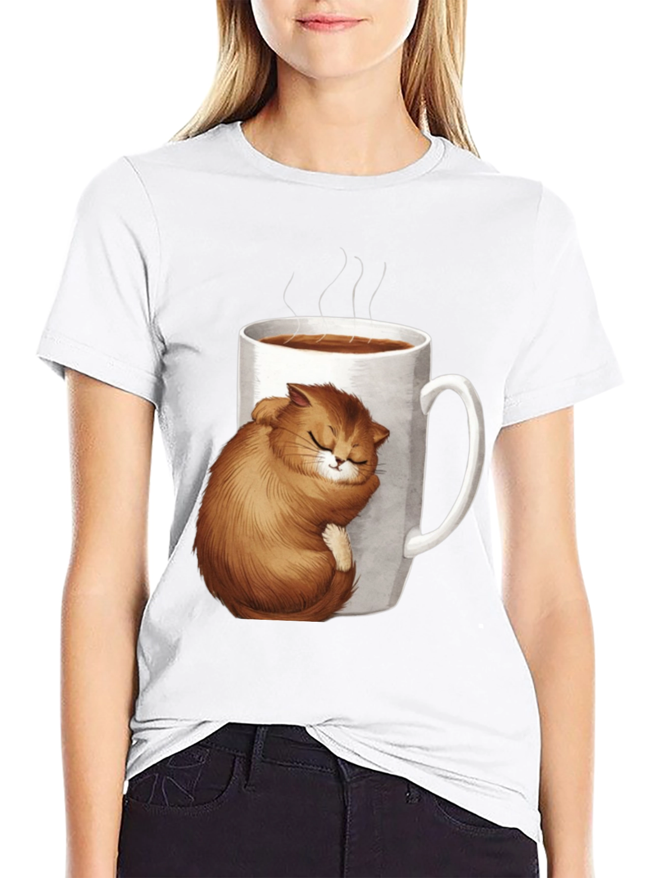Cute Cat in Coffee Cup Black T-Shirt
