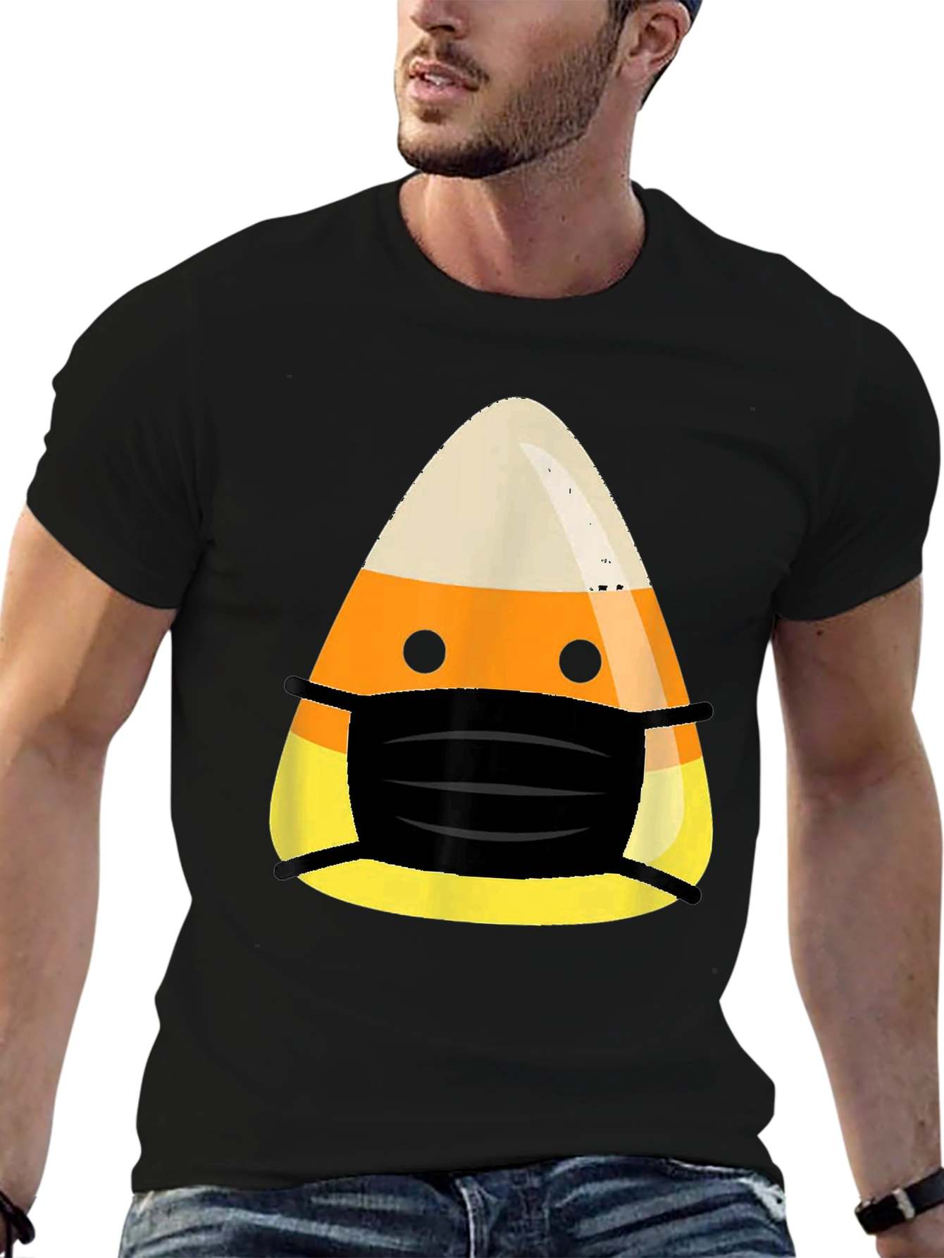 Candy Corn Mask Halloween Black T-Shirt