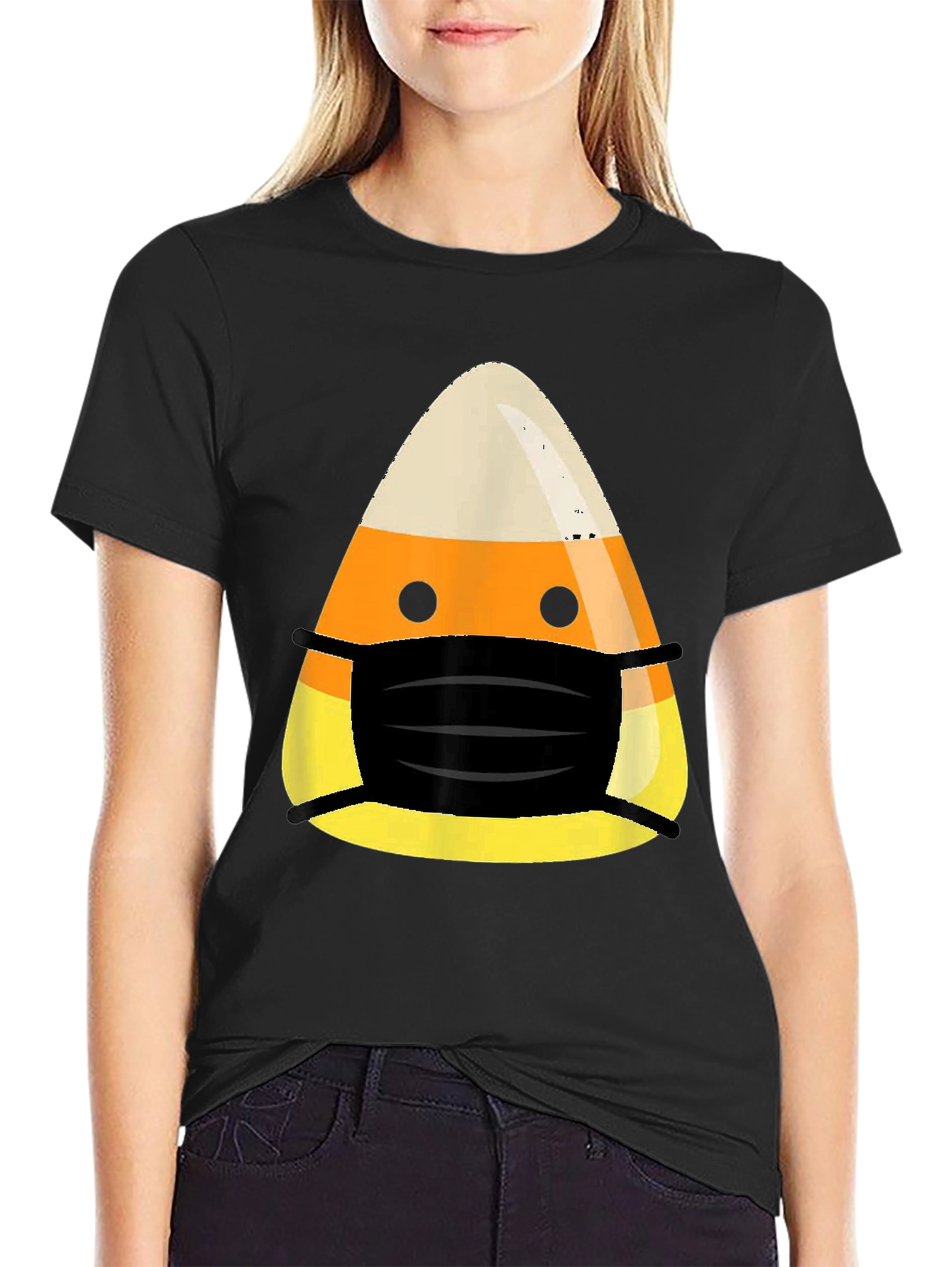 Candy Corn Mask Halloween Black T-Shirt