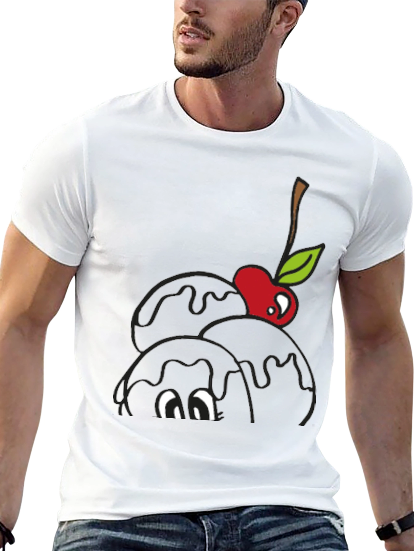 Black T-Shirt with Cartoon Cherry Ice Cream Design