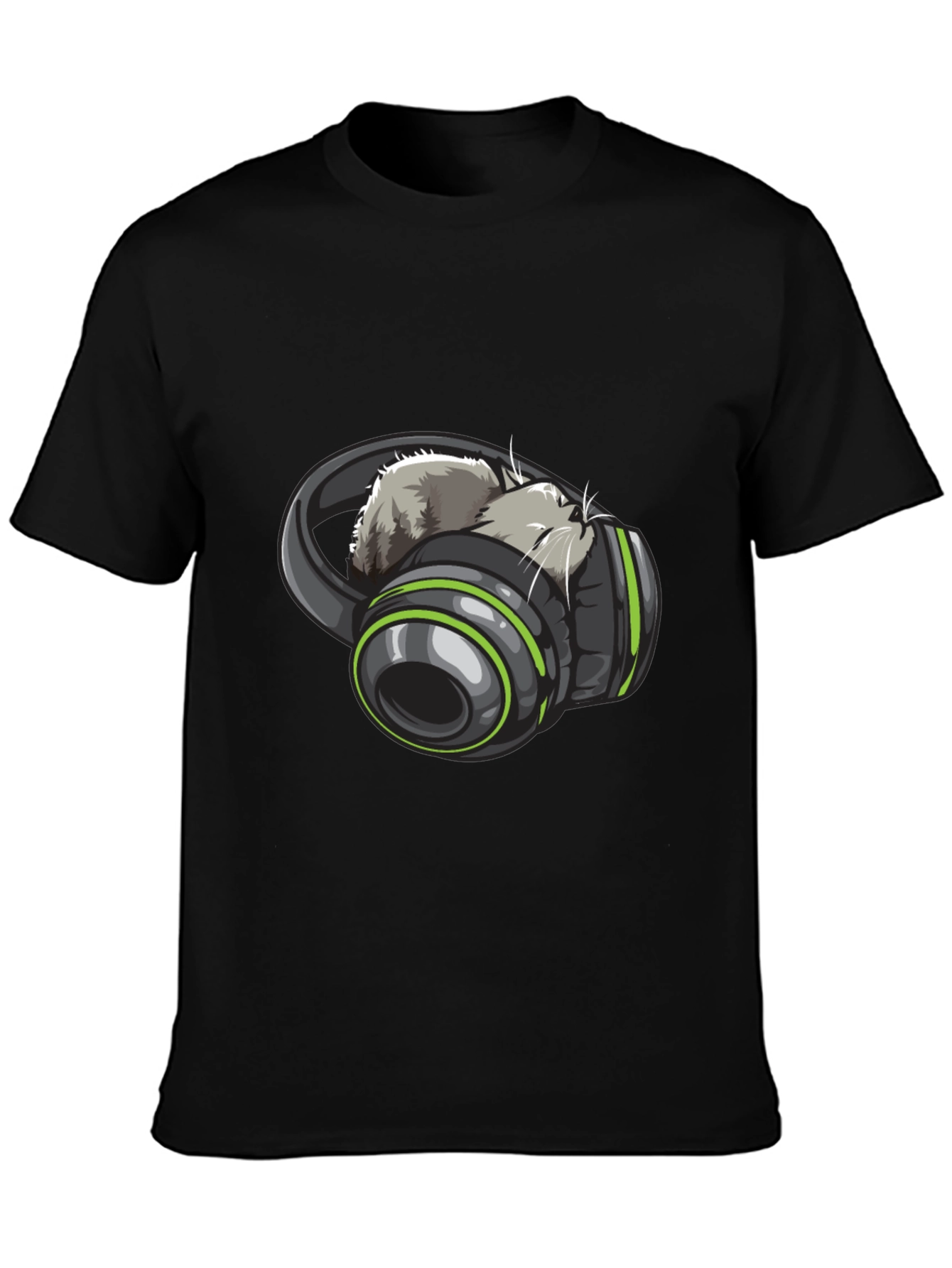 Cat Headphones Graphic Tee - Black