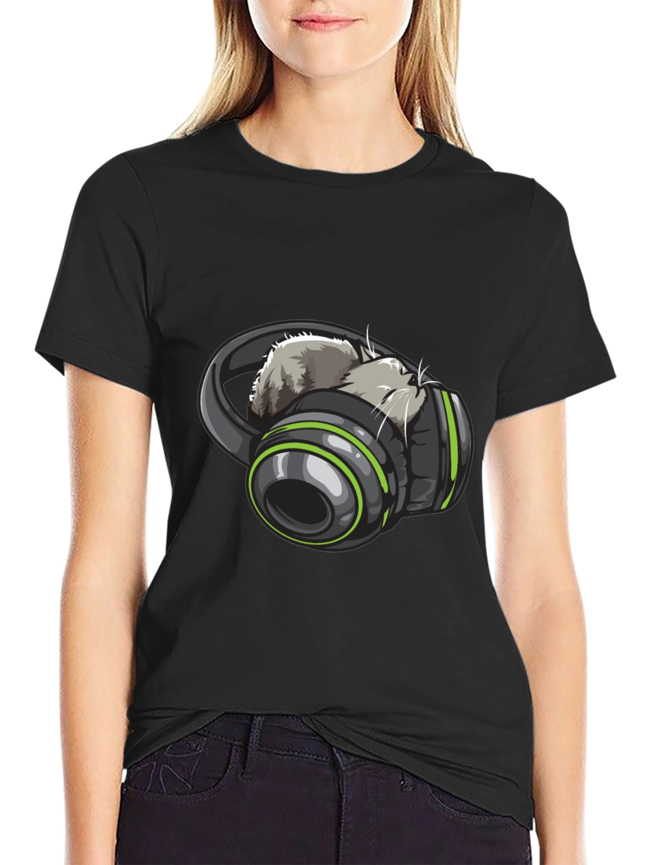 Cat Headphones Graphic Tee - Black