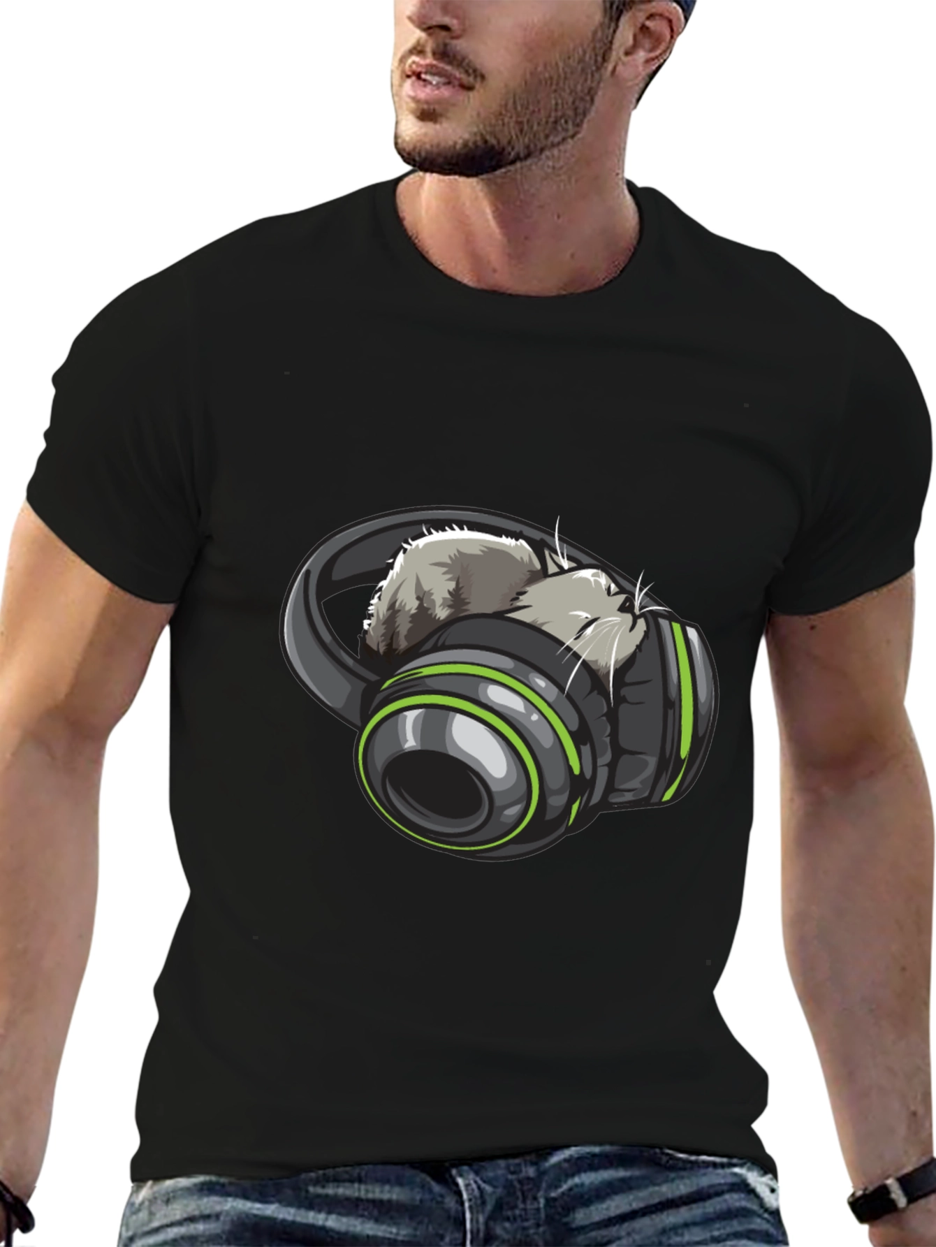 Cat Headphones Graphic Tee - Black