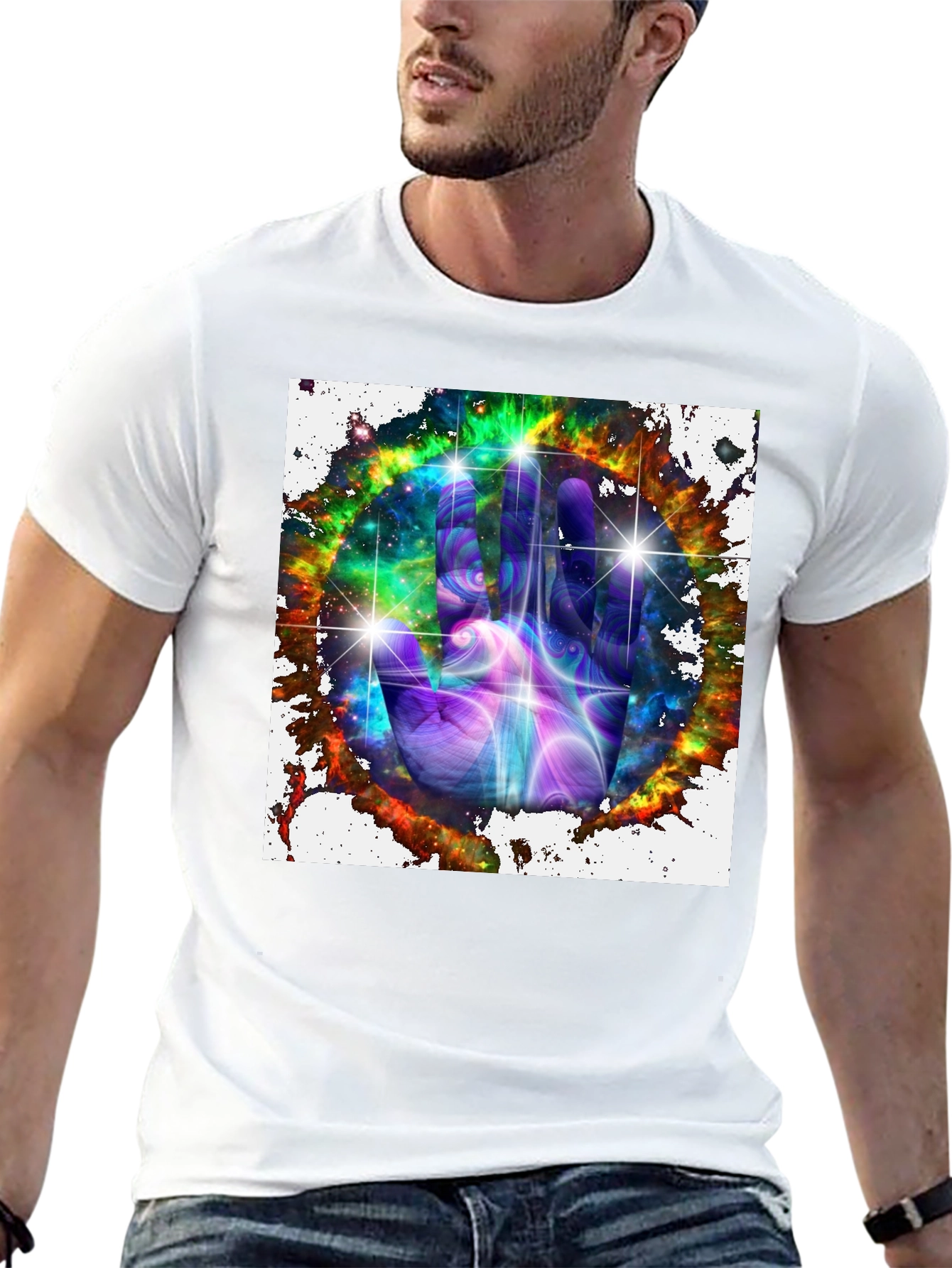 Cosmic Hand Graphic Tee - Galaxy Design