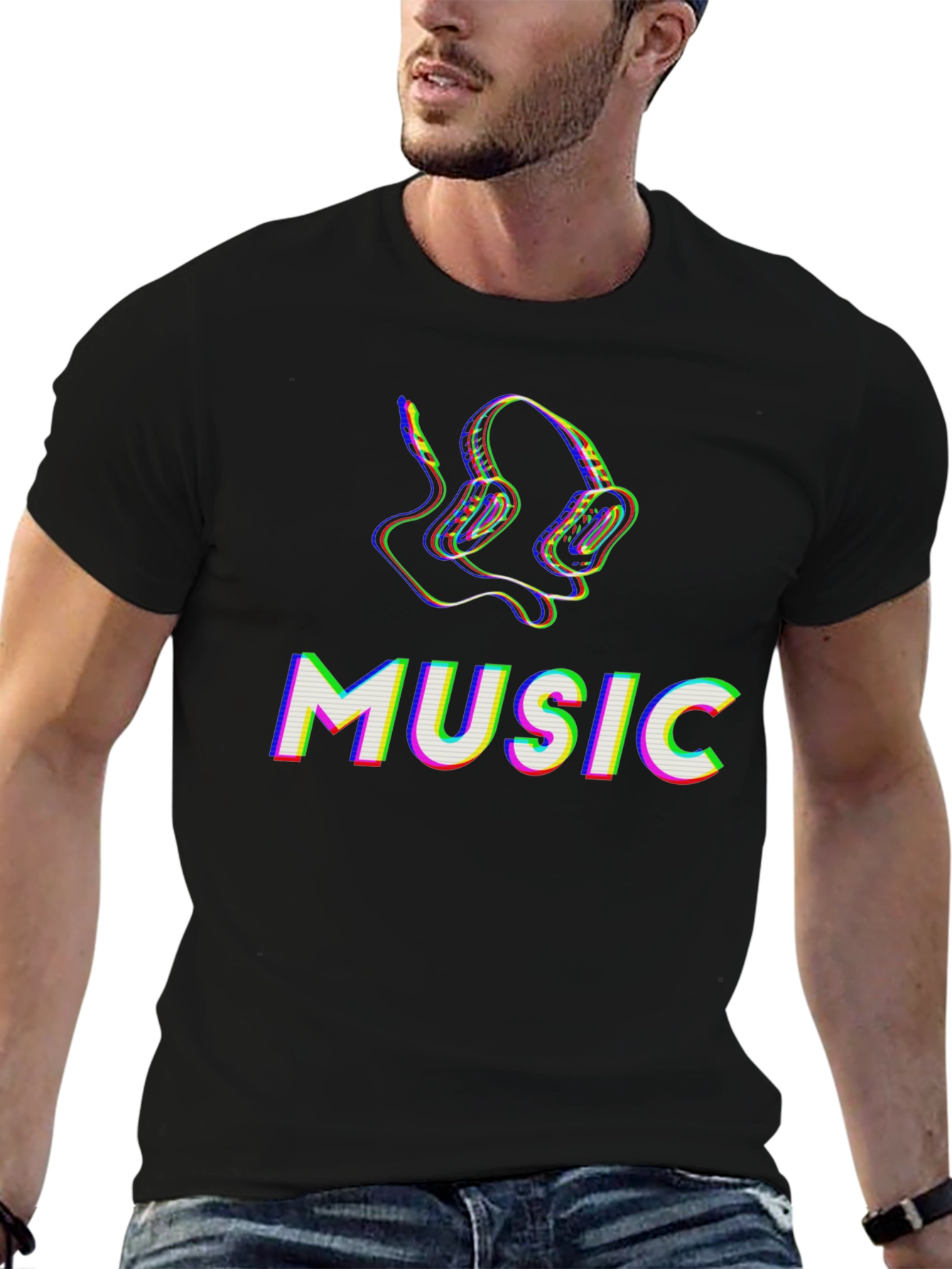 Music Headphones Graphic Tee - Black Cotton T-Shirt