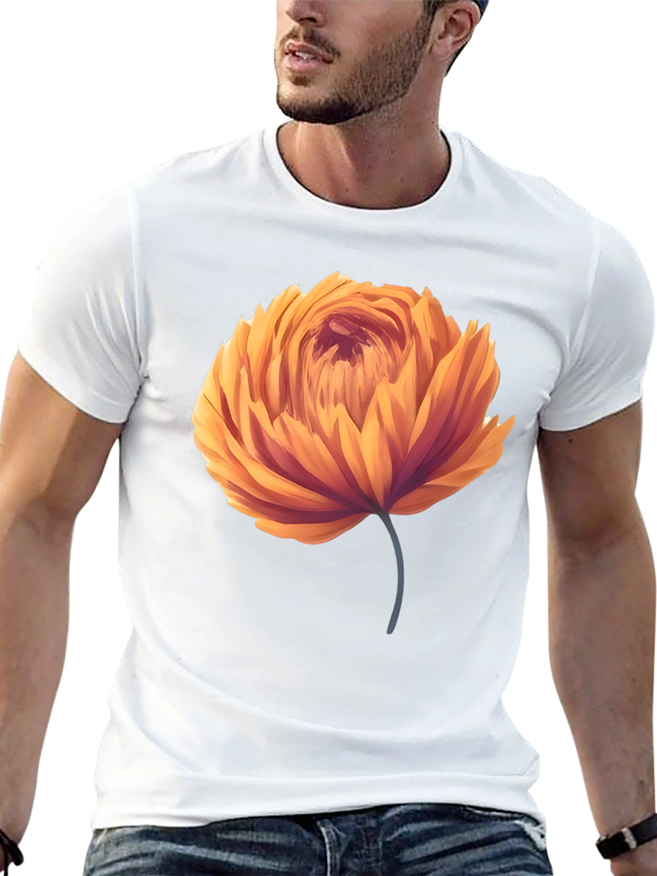 Orange Flower Graphic Black T-Shirt