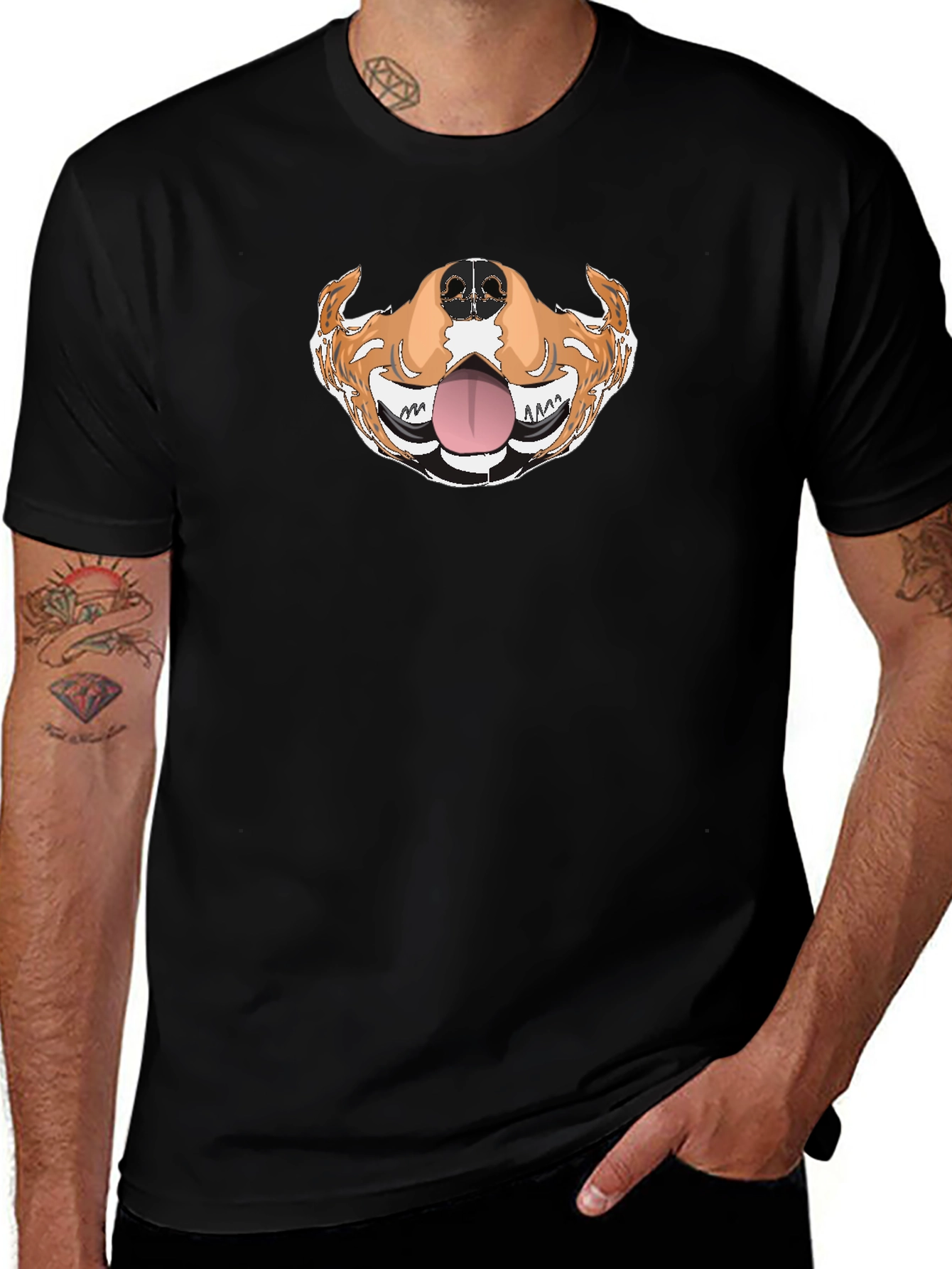 Funny Dog Mouth Graphic Tee - Black Cotton T-Shirt