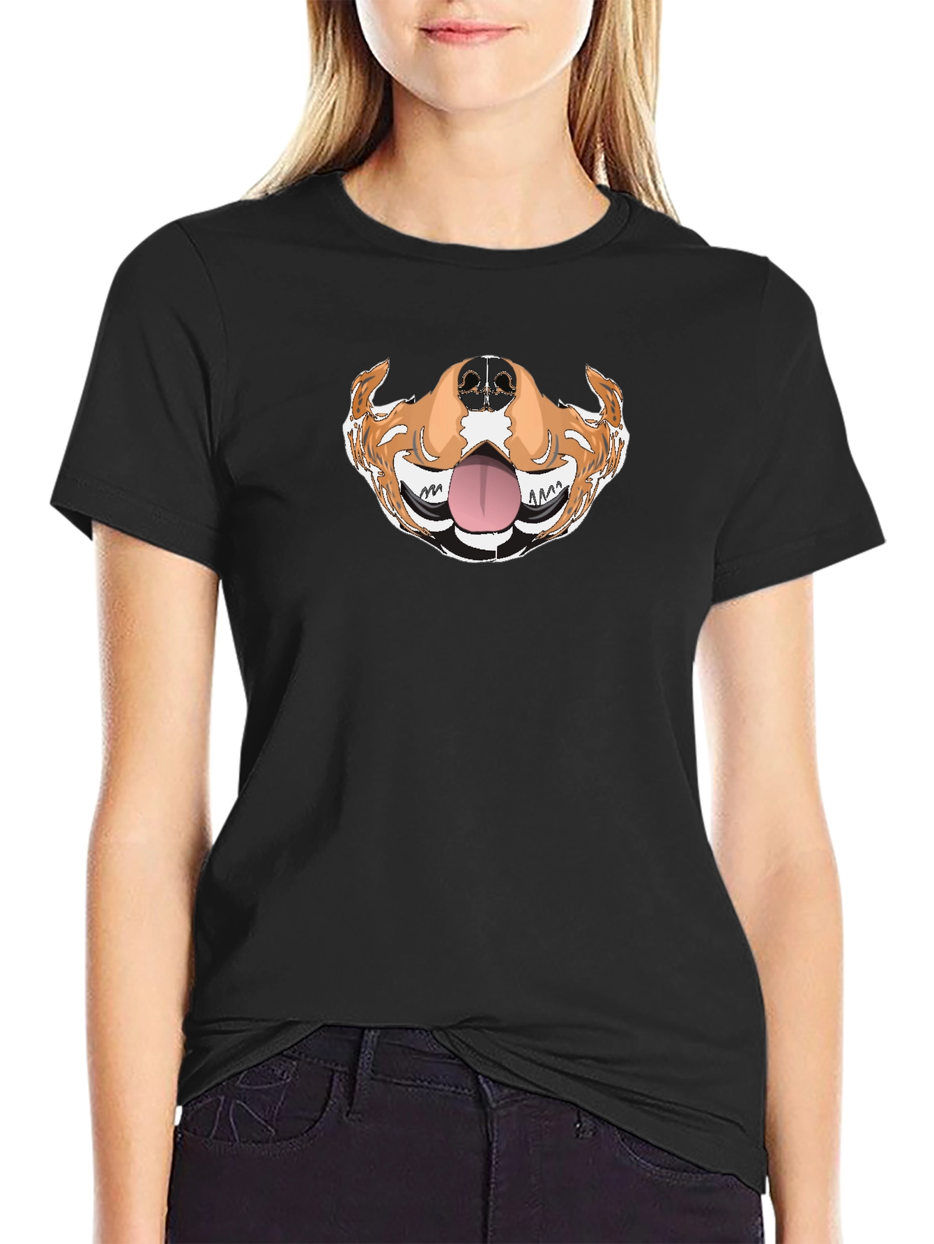Funny Dog Mouth Graphic Tee - Black Cotton T-Shirt