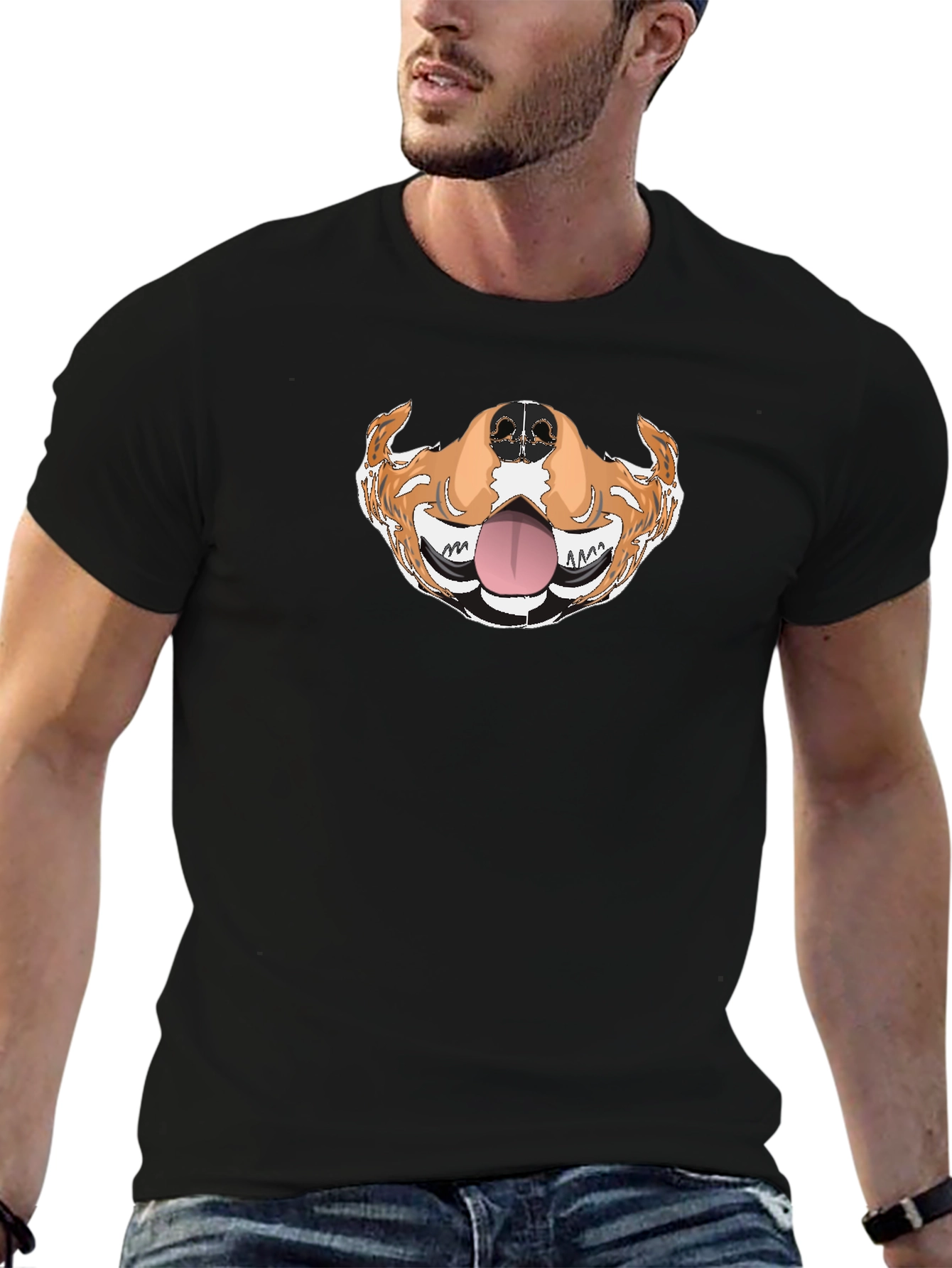 Funny Dog Mouth Graphic Tee - Black Cotton T-Shirt