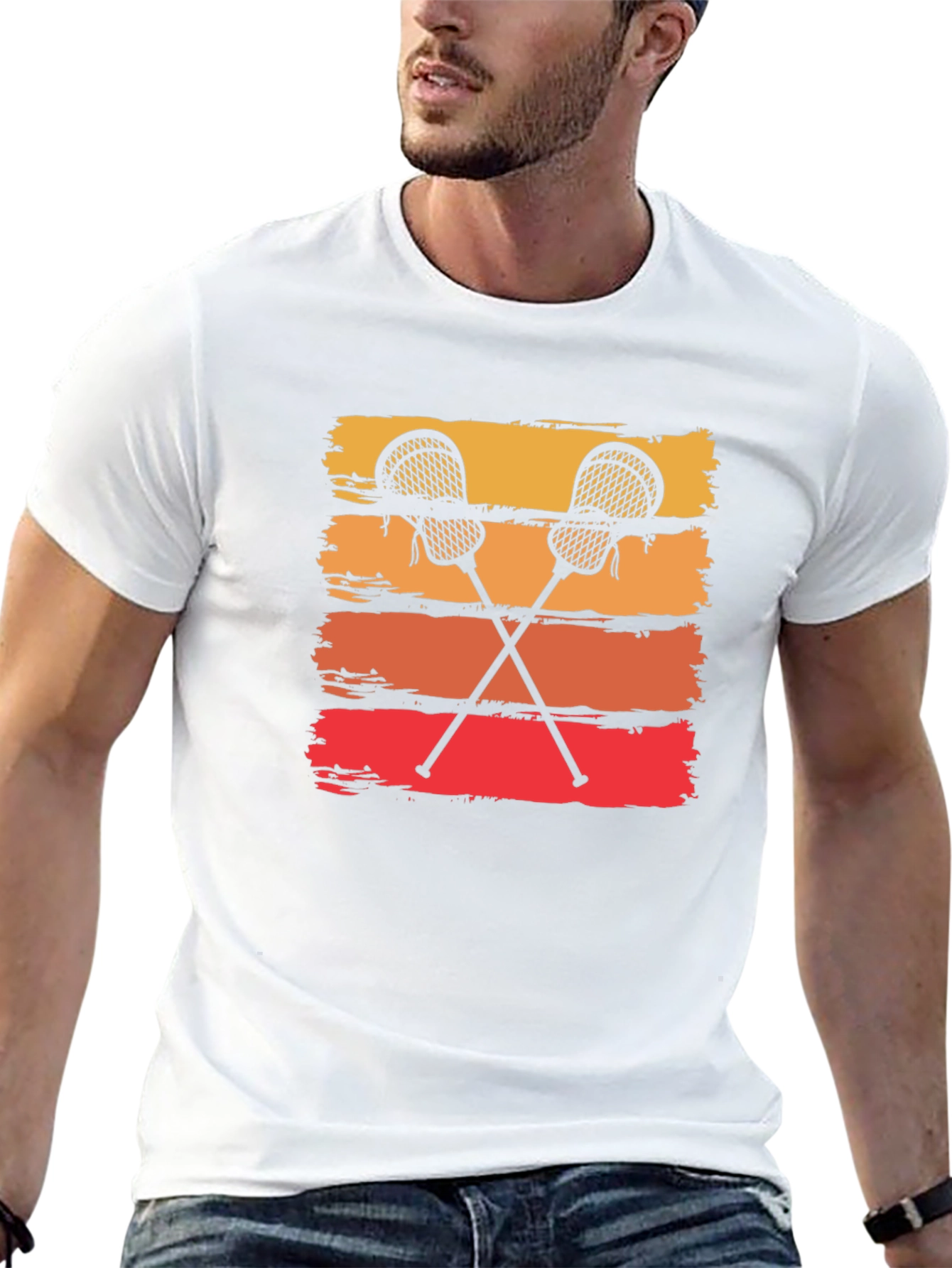 Retro Lacrosse Sticks Tee - Sunset Stripes Graphic T-Shirt