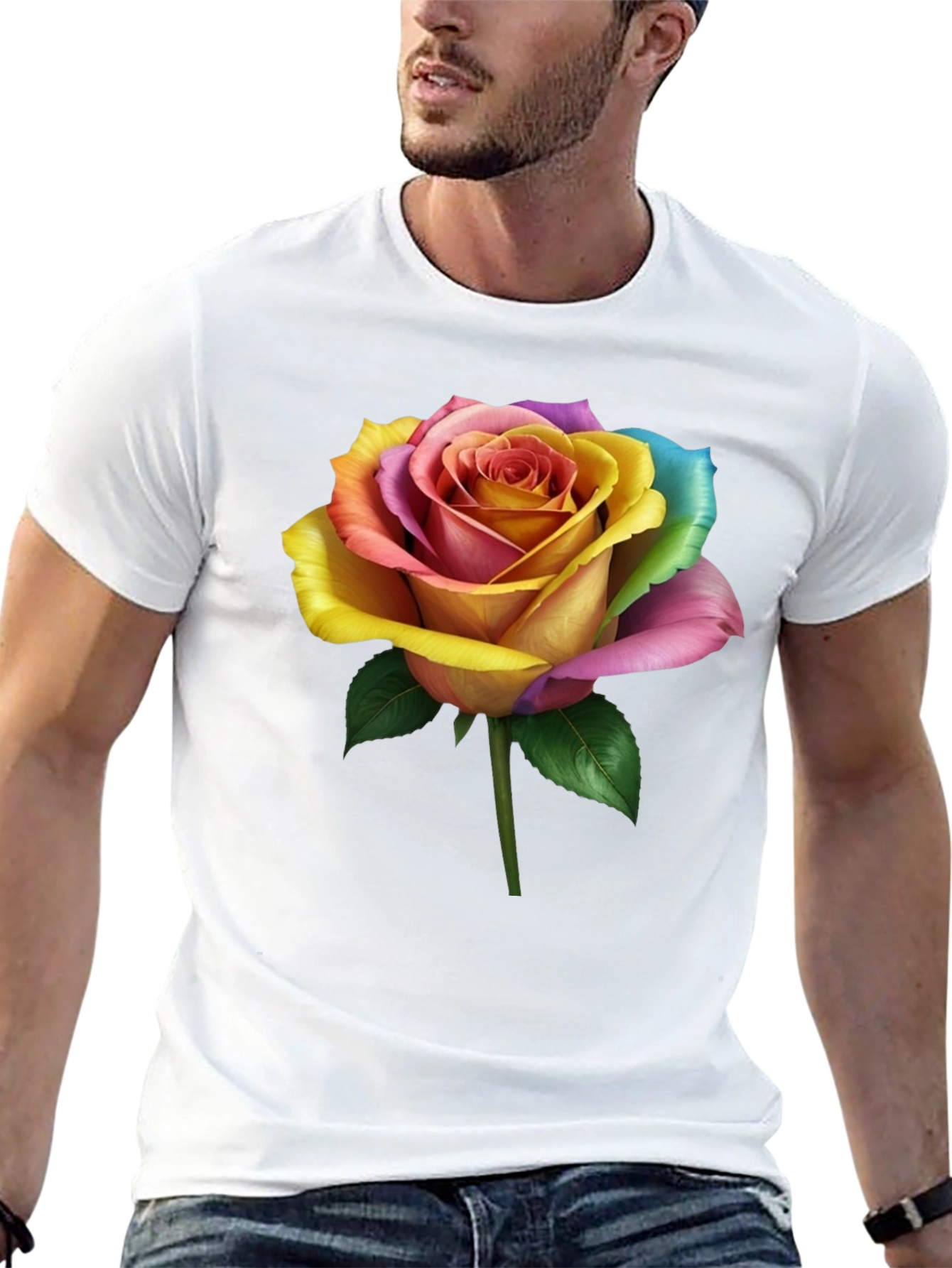 Rainbow Rose Graphic Tee - Unique Floral Design