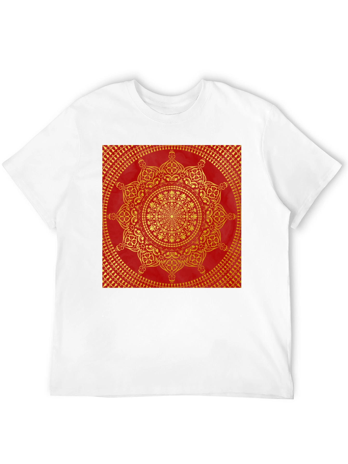 Red & Gold Mandala Print Black T-Shirt