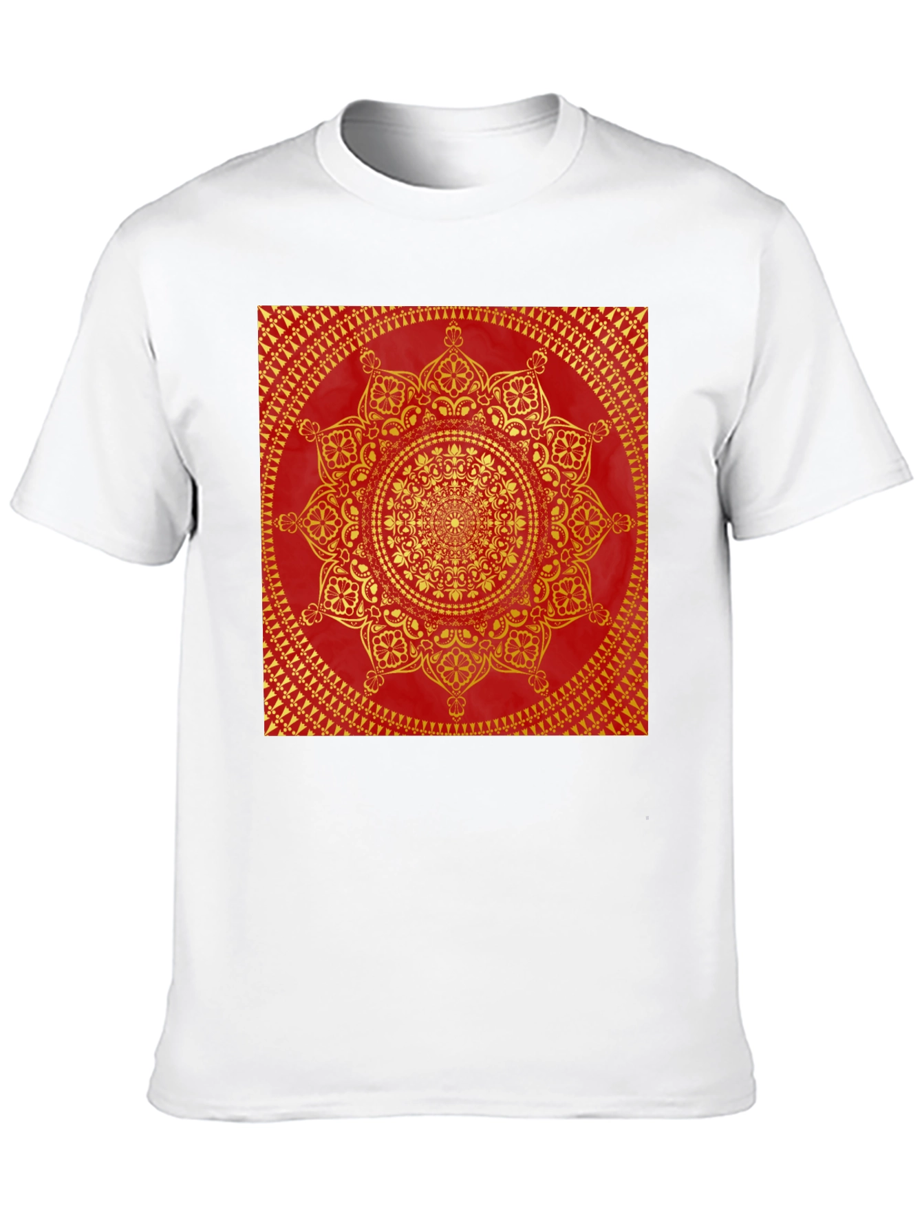 Red & Gold Mandala Print Black T-Shirt