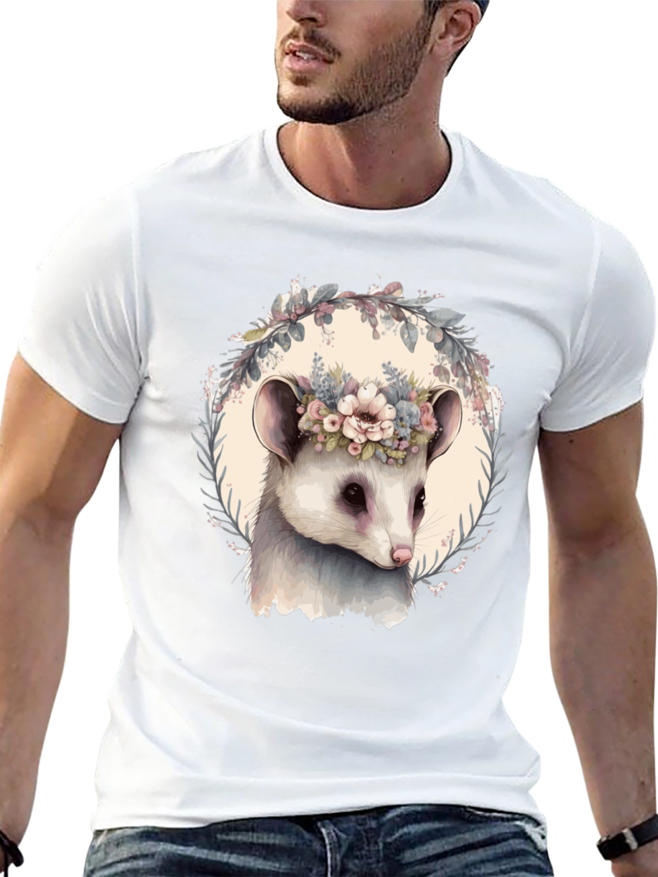 Opossum Floral Wreath T-Shirt - Unique Animal Tee
