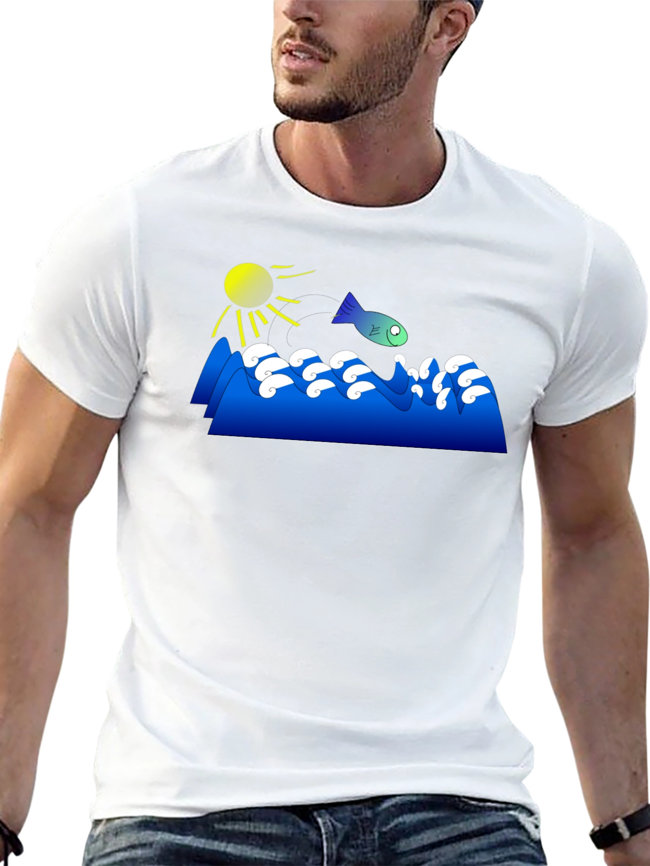 Cartoon Fish Jumping Waves Graphic Black T-Shirt