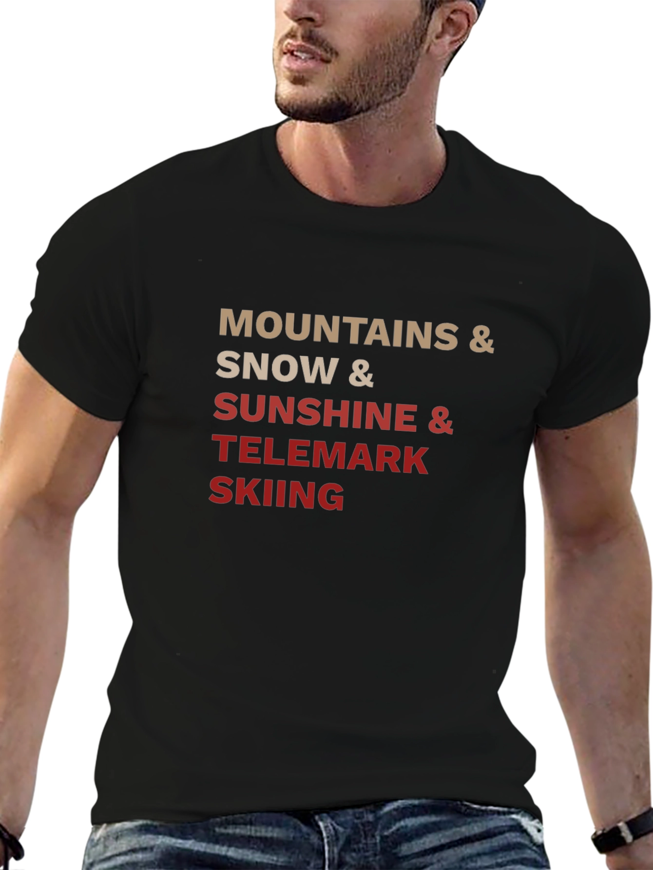 Mountains Snow Sunshine Telemark Skiing Black T-Shirt