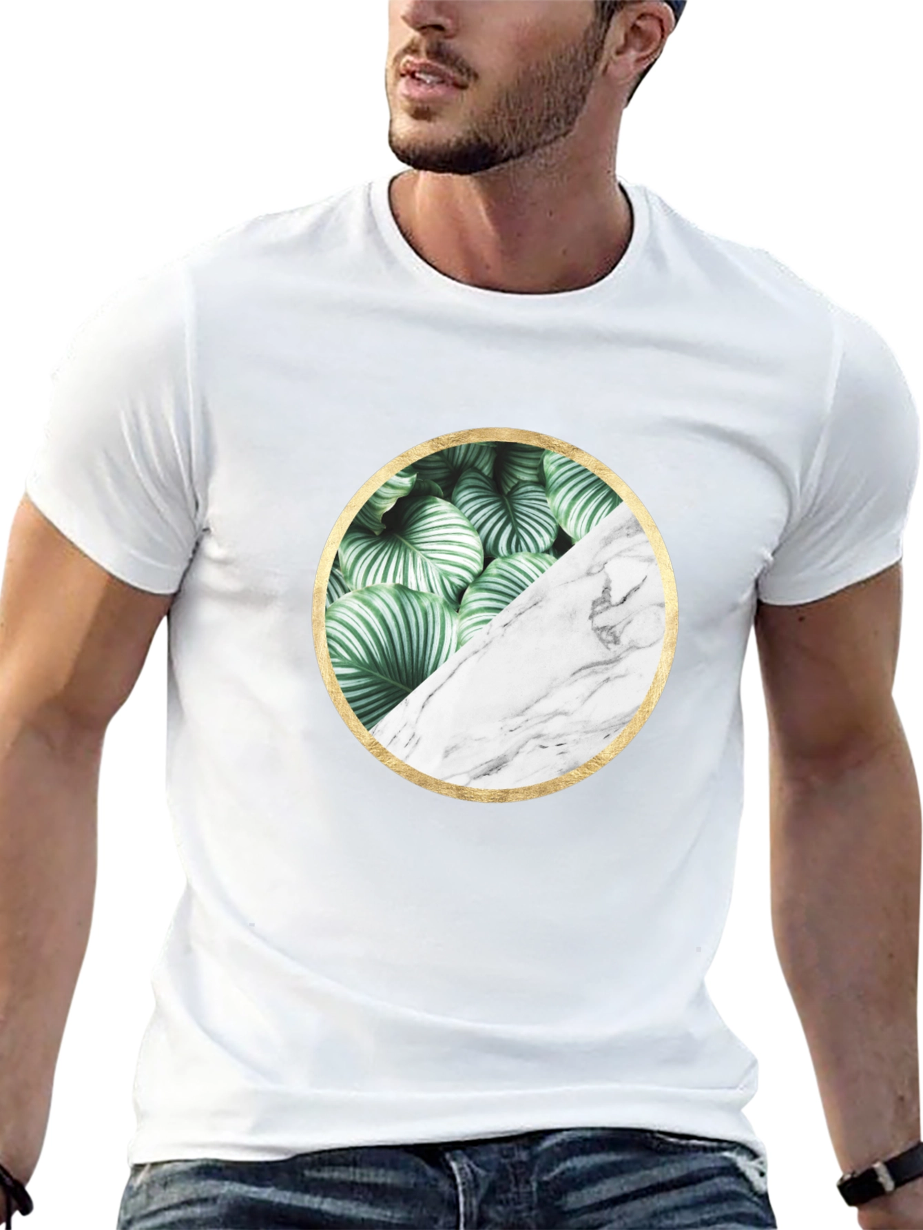 Leaf and Marble Circle Graphic Black T-Shirt