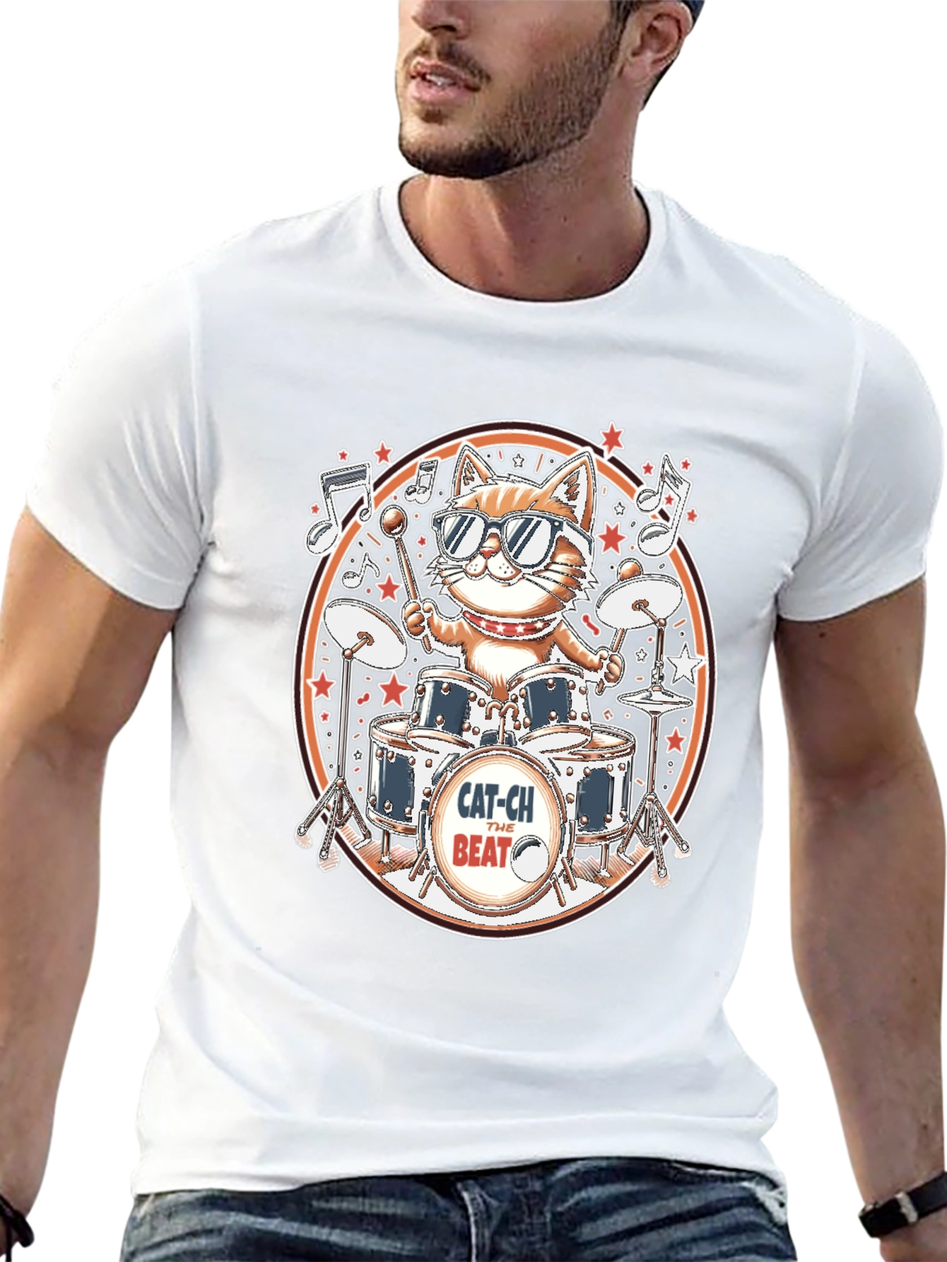 Cool Cat Drummer Graphic Tee - Black Cotton T-Shirt
