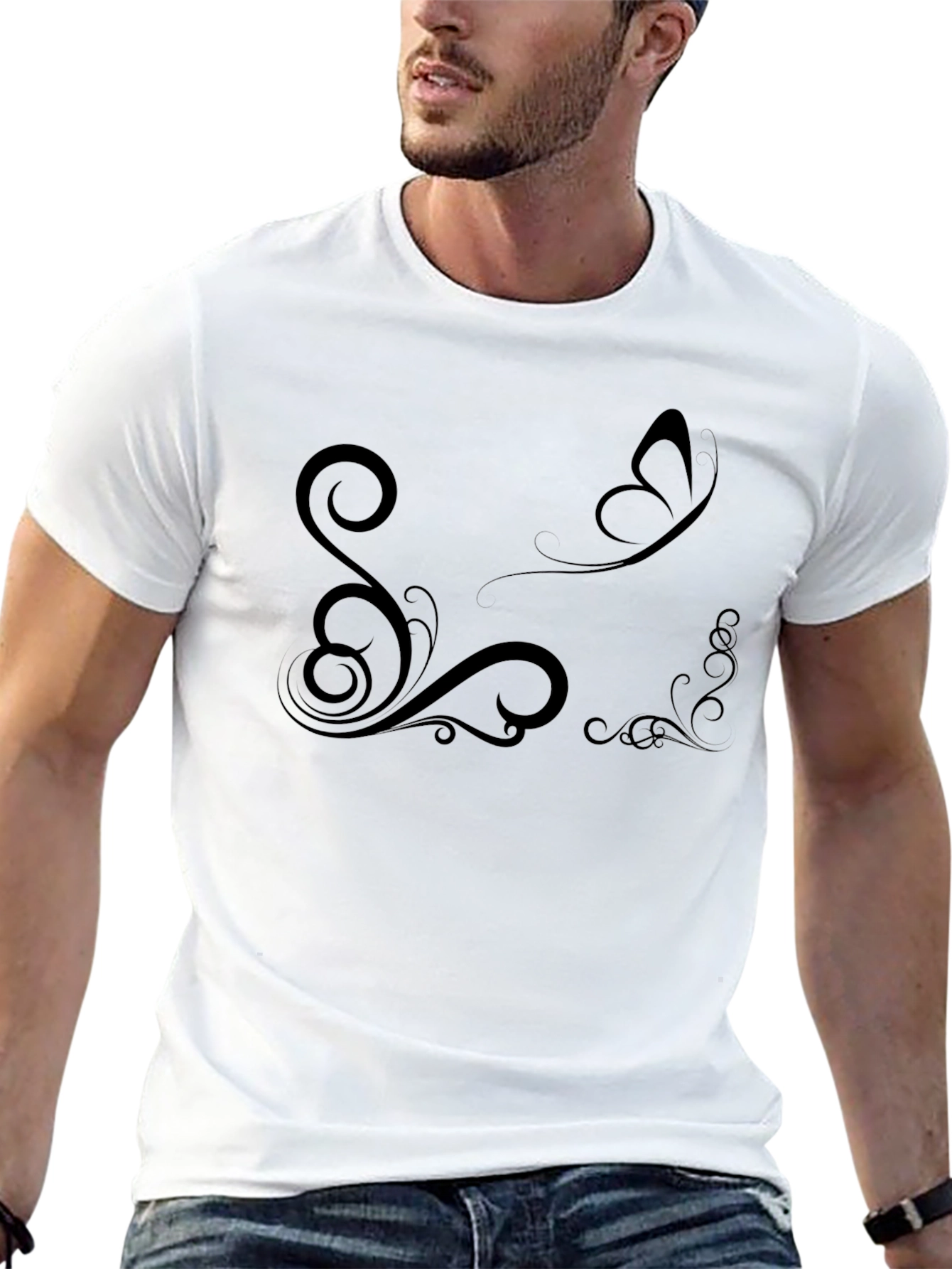 Elegant Black T-Shirt with Butterfly and Floral Design