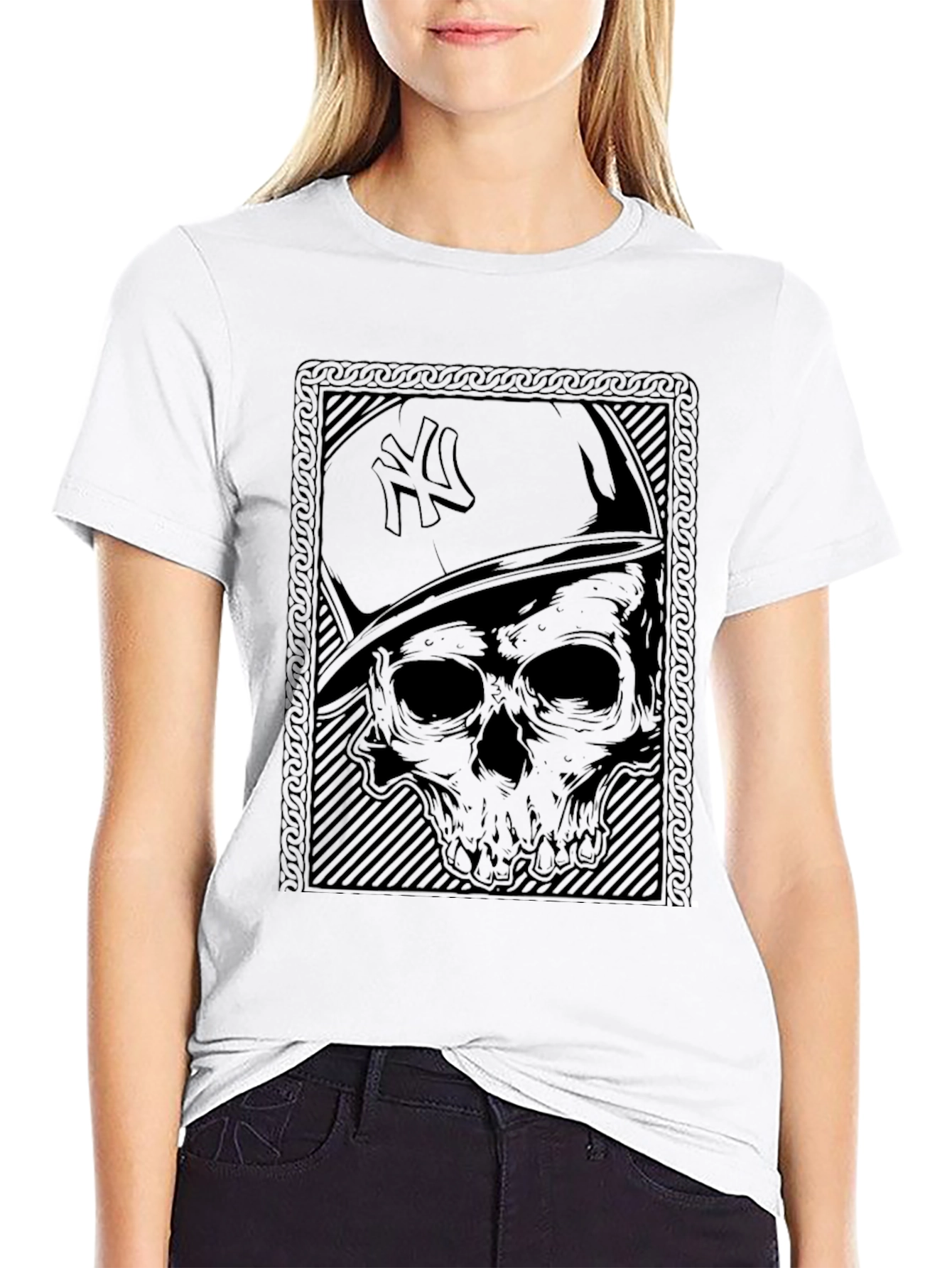 Skull & NY Hat Graphic T-Shirt - Black