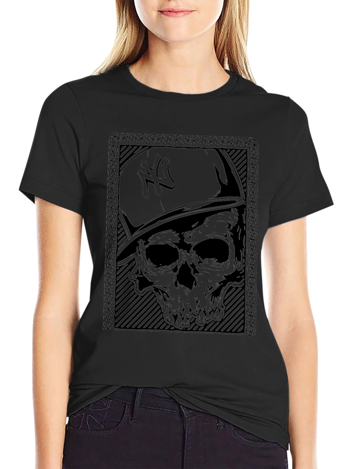 Skull & NY Hat Graphic T-Shirt - Black