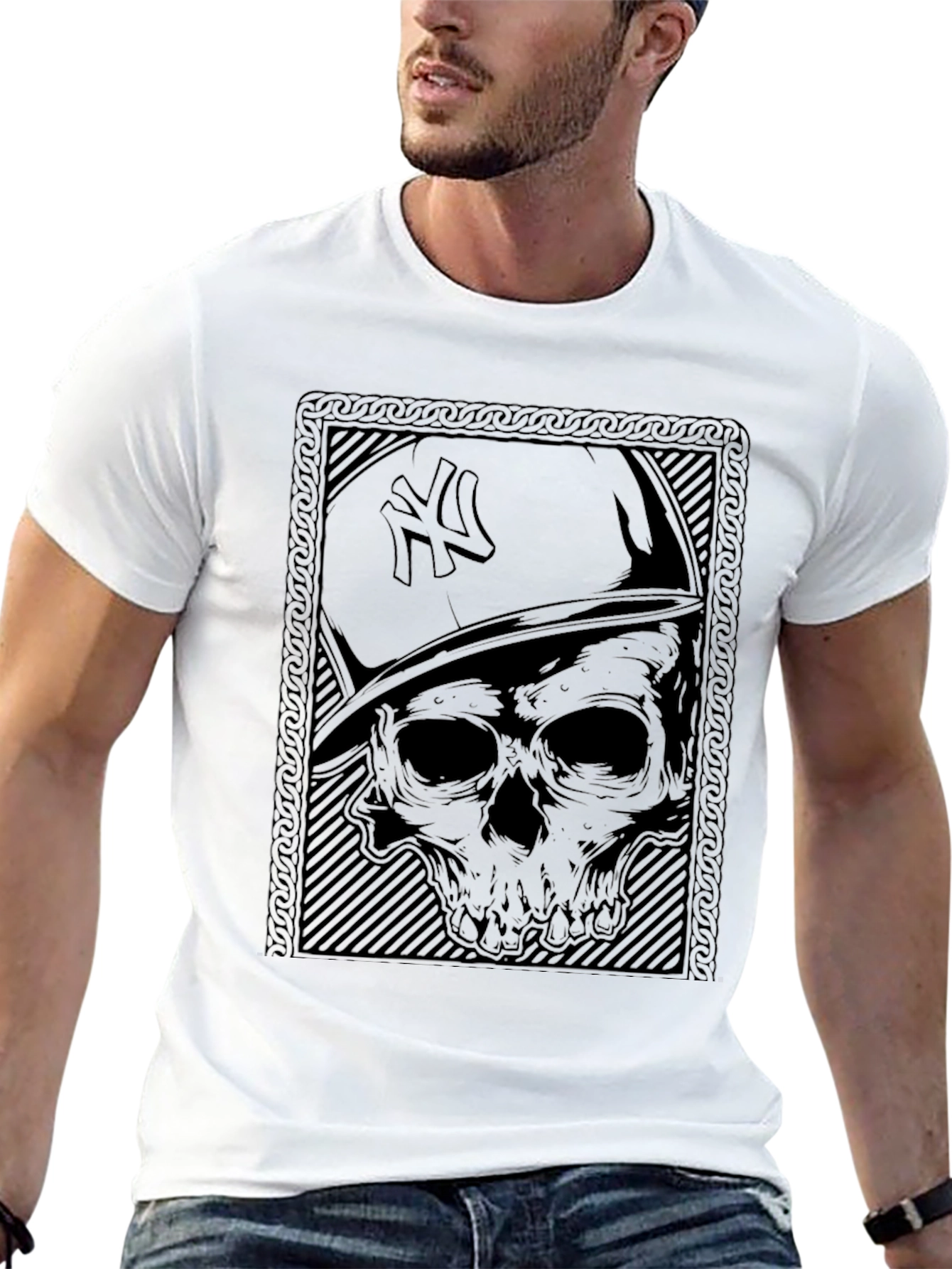 Skull & NY Hat Graphic T-Shirt - Black