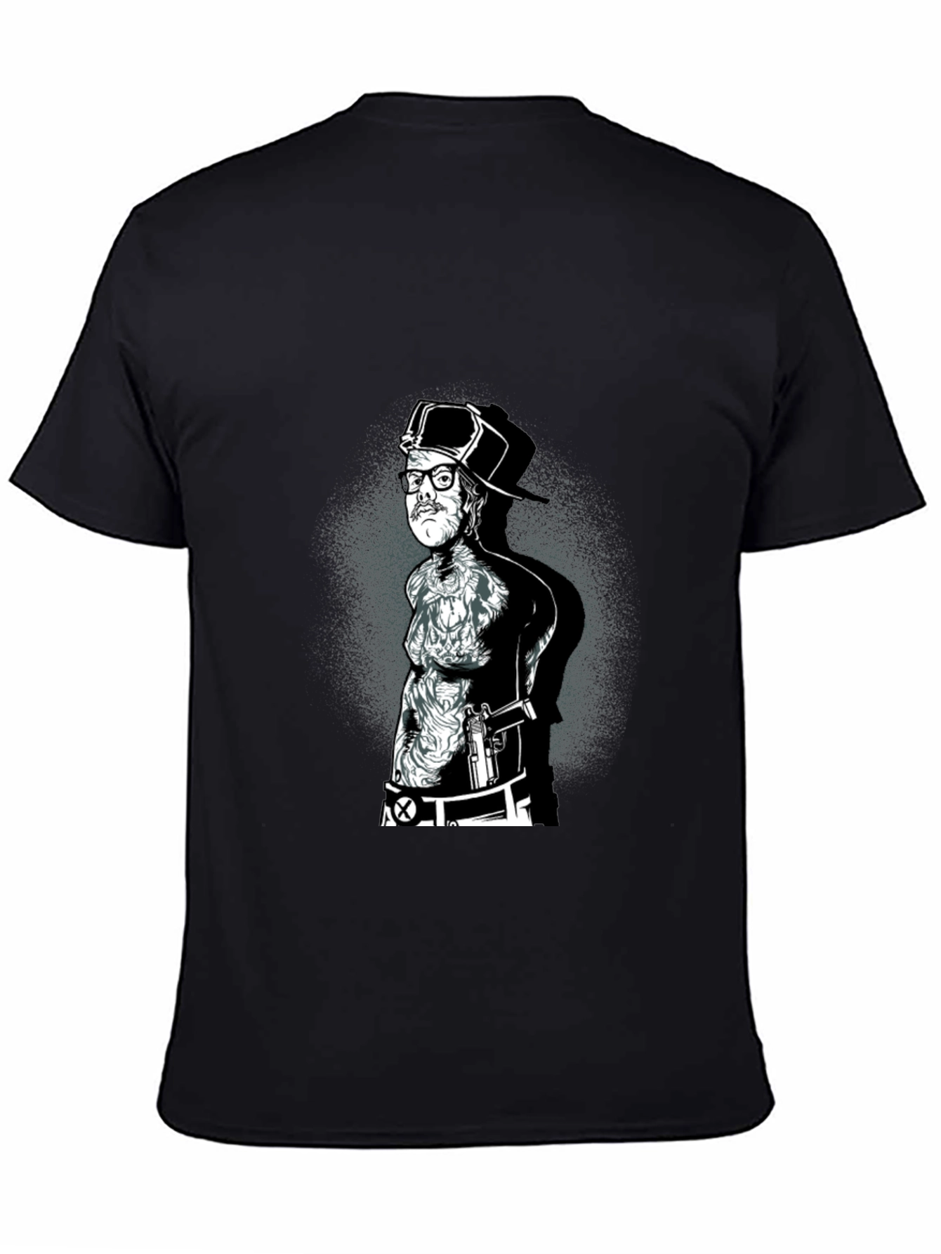 Black Graphic Tee - Tattooed Man with Gun