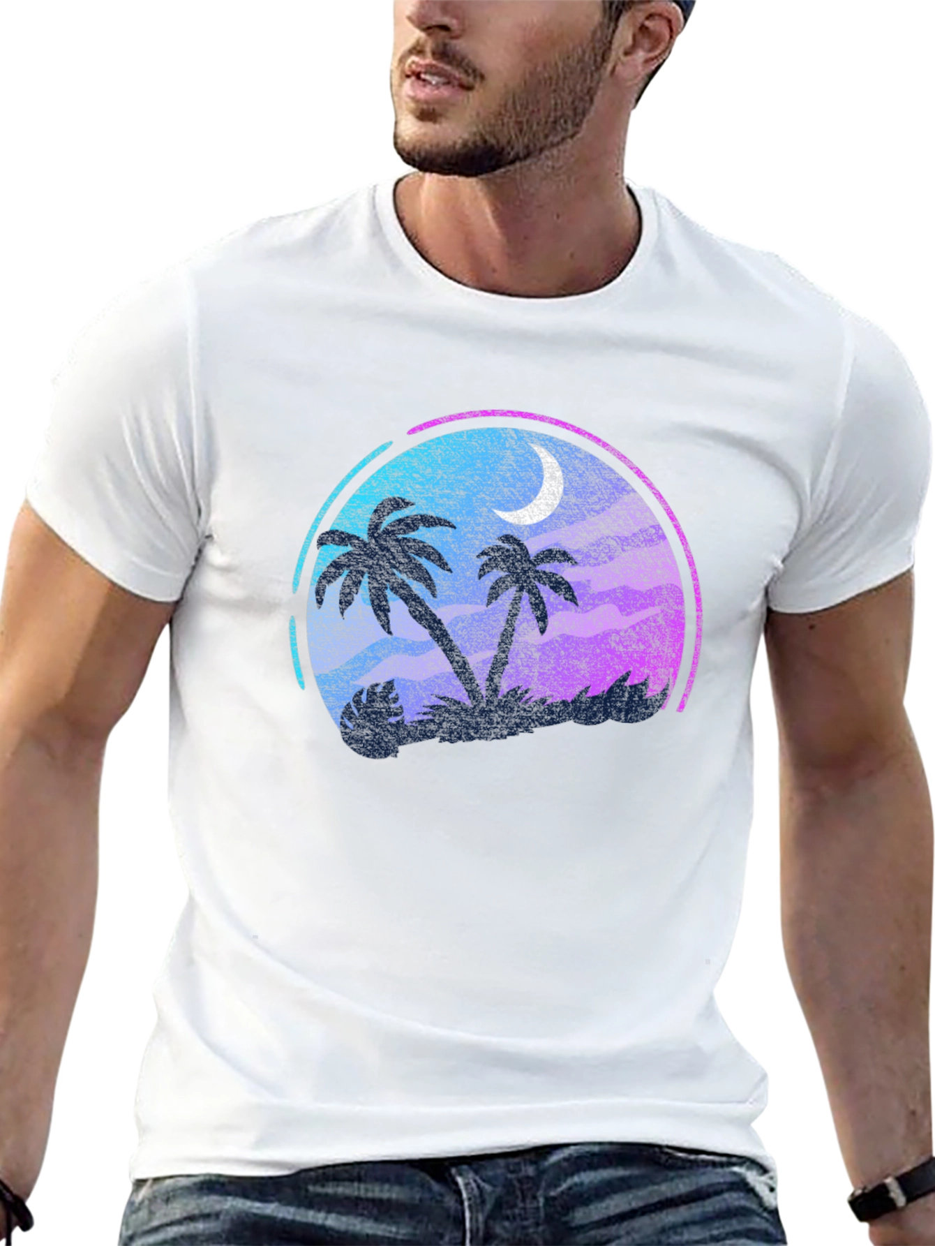 Tropical Palm Tree Moon Graphic Black T-Shirt