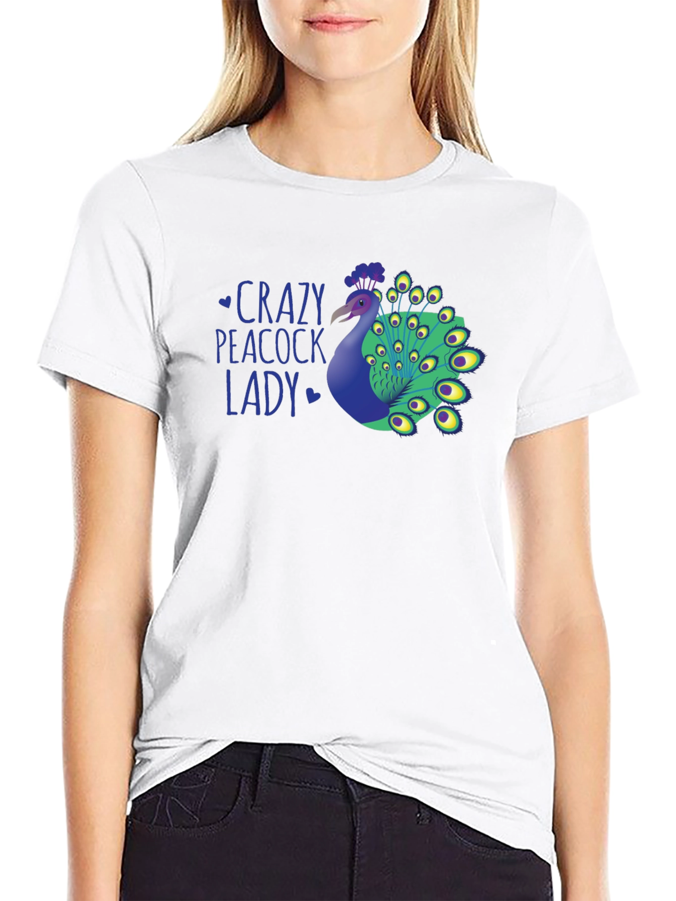 Crazy Peacock Lady Graphic T-Shirt - Fun Novelty Tee