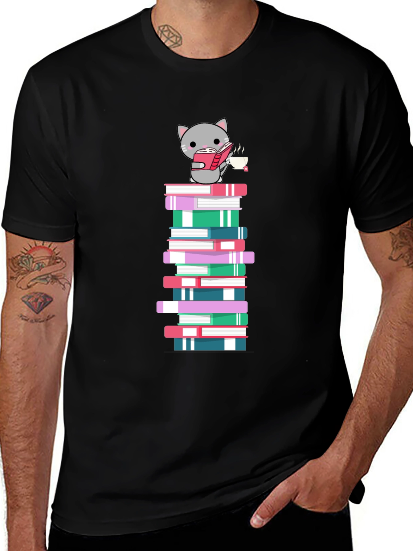 Cat Reading Book on Book Stack T-Shirt