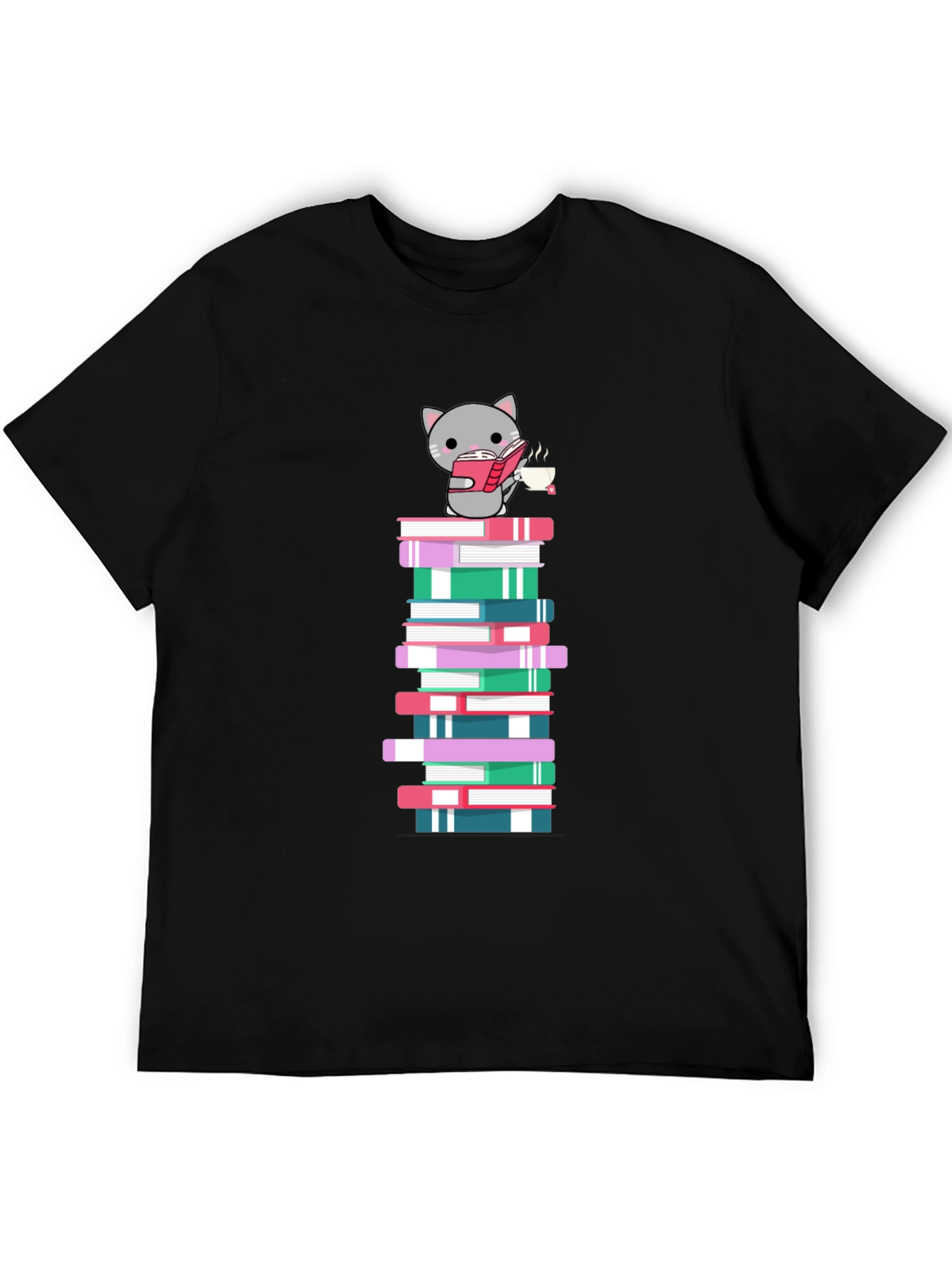Cat Reading Book on Book Stack T-Shirt