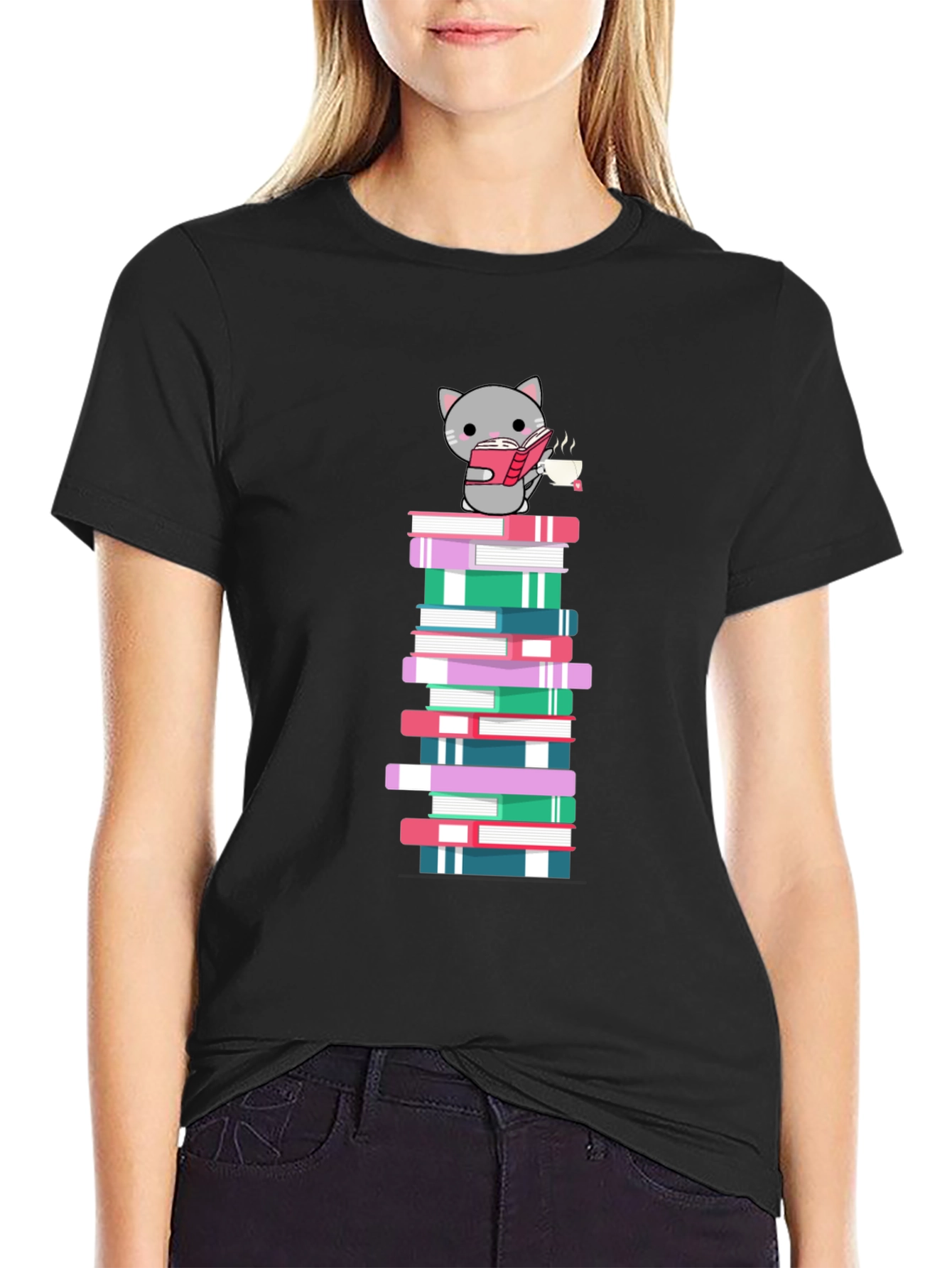 Cat Reading Book on Book Stack T-Shirt