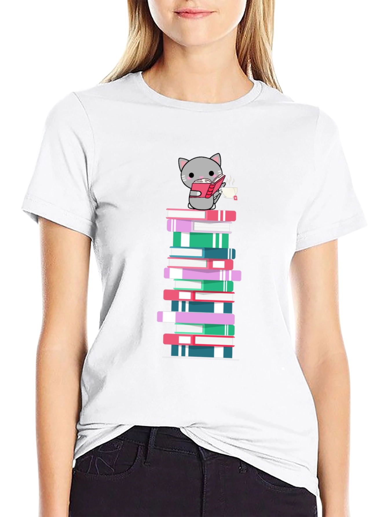 Cat Reading Book on Book Stack T-Shirt