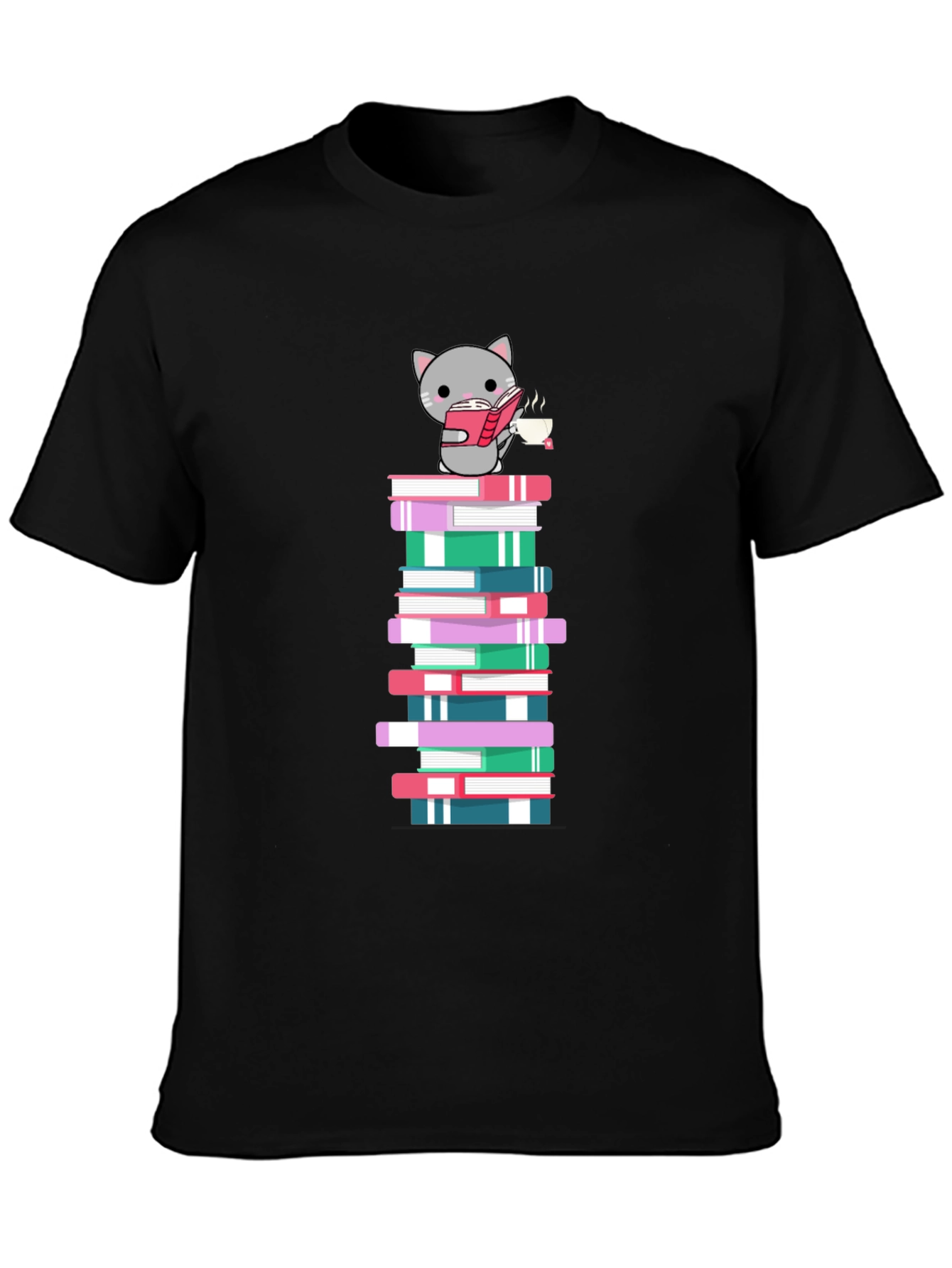 Cat Reading Book on Book Stack T-Shirt
