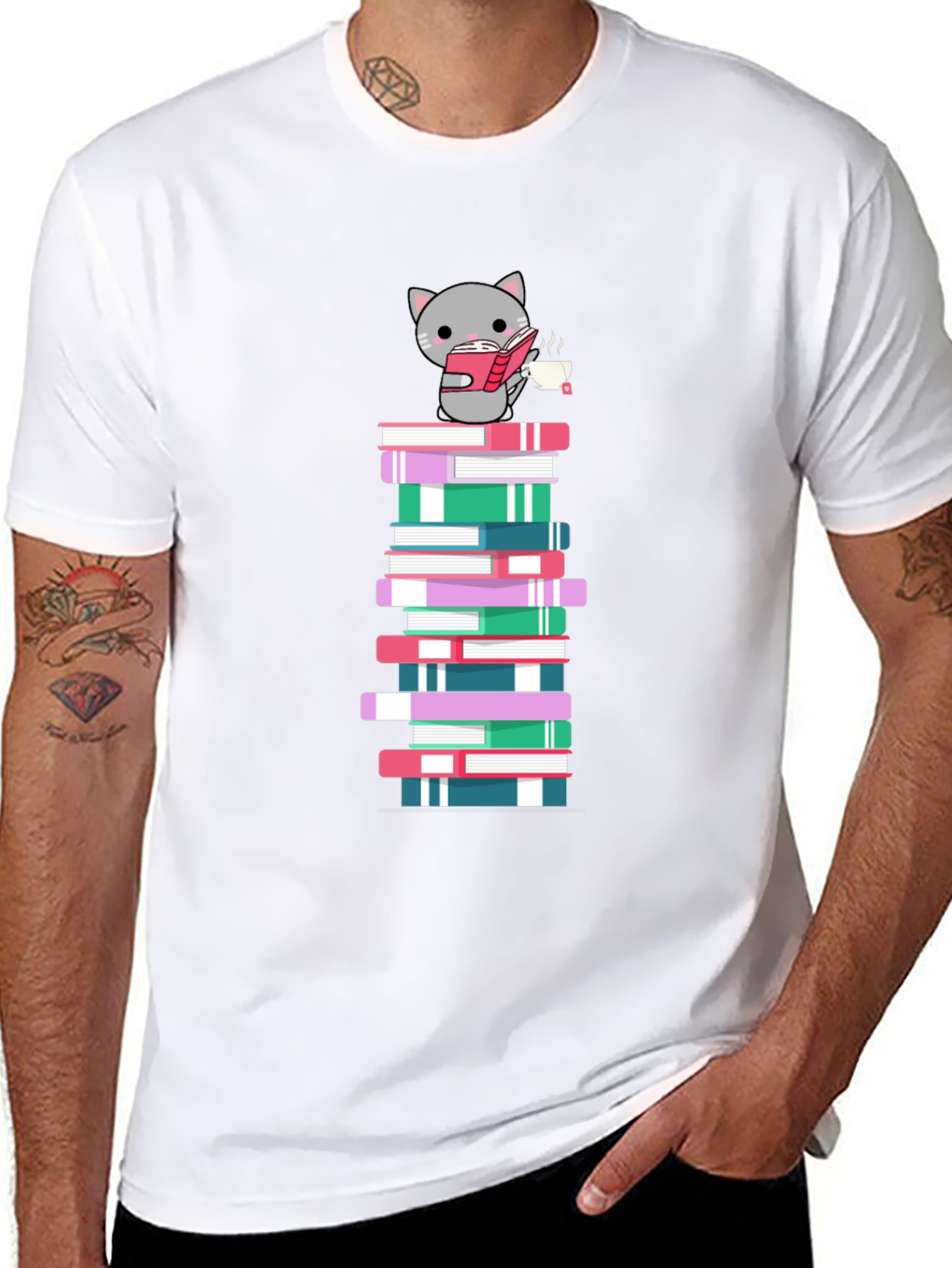 Cat Reading Book on Book Stack T-Shirt
