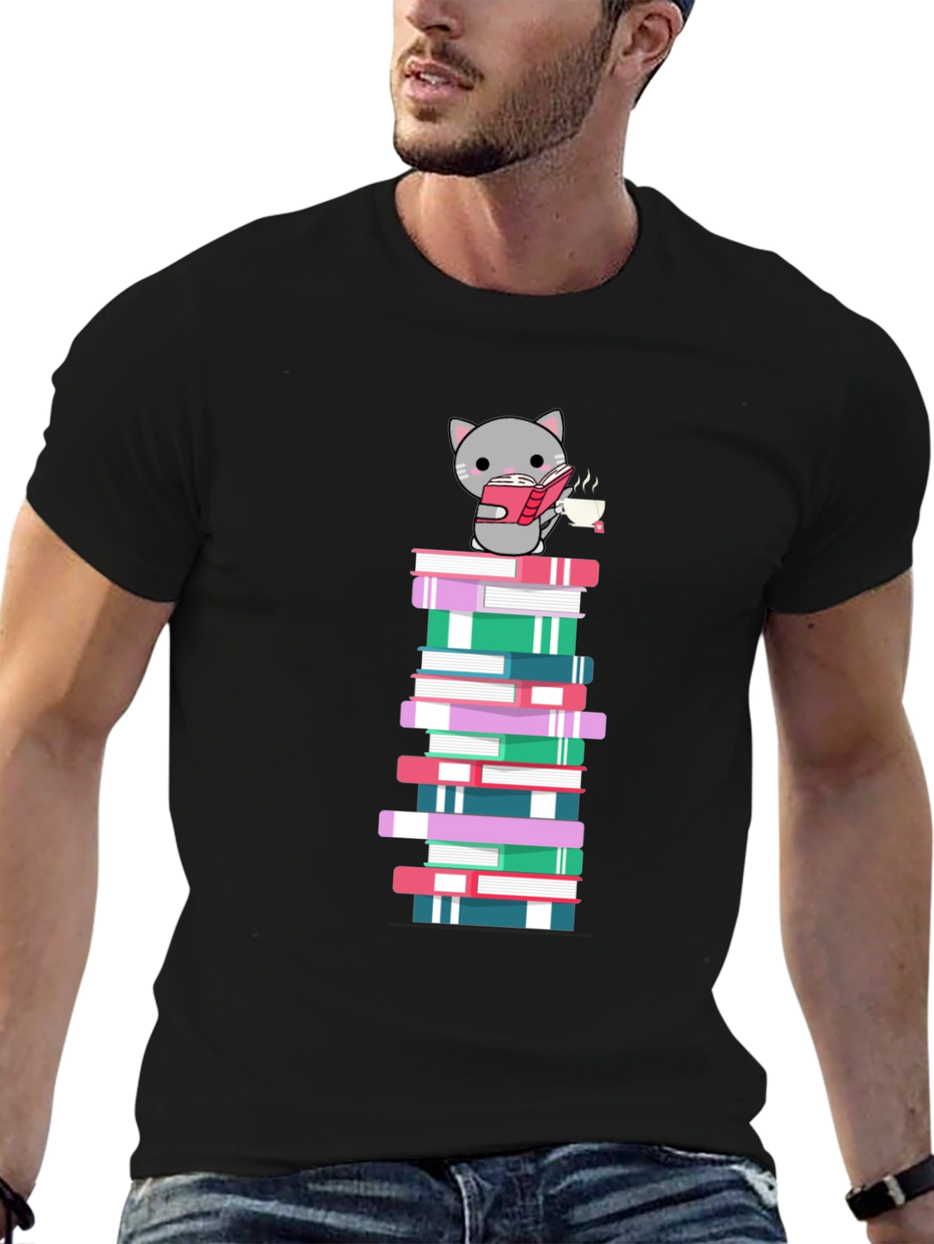 Cat Reading Book on Book Stack T-Shirt
