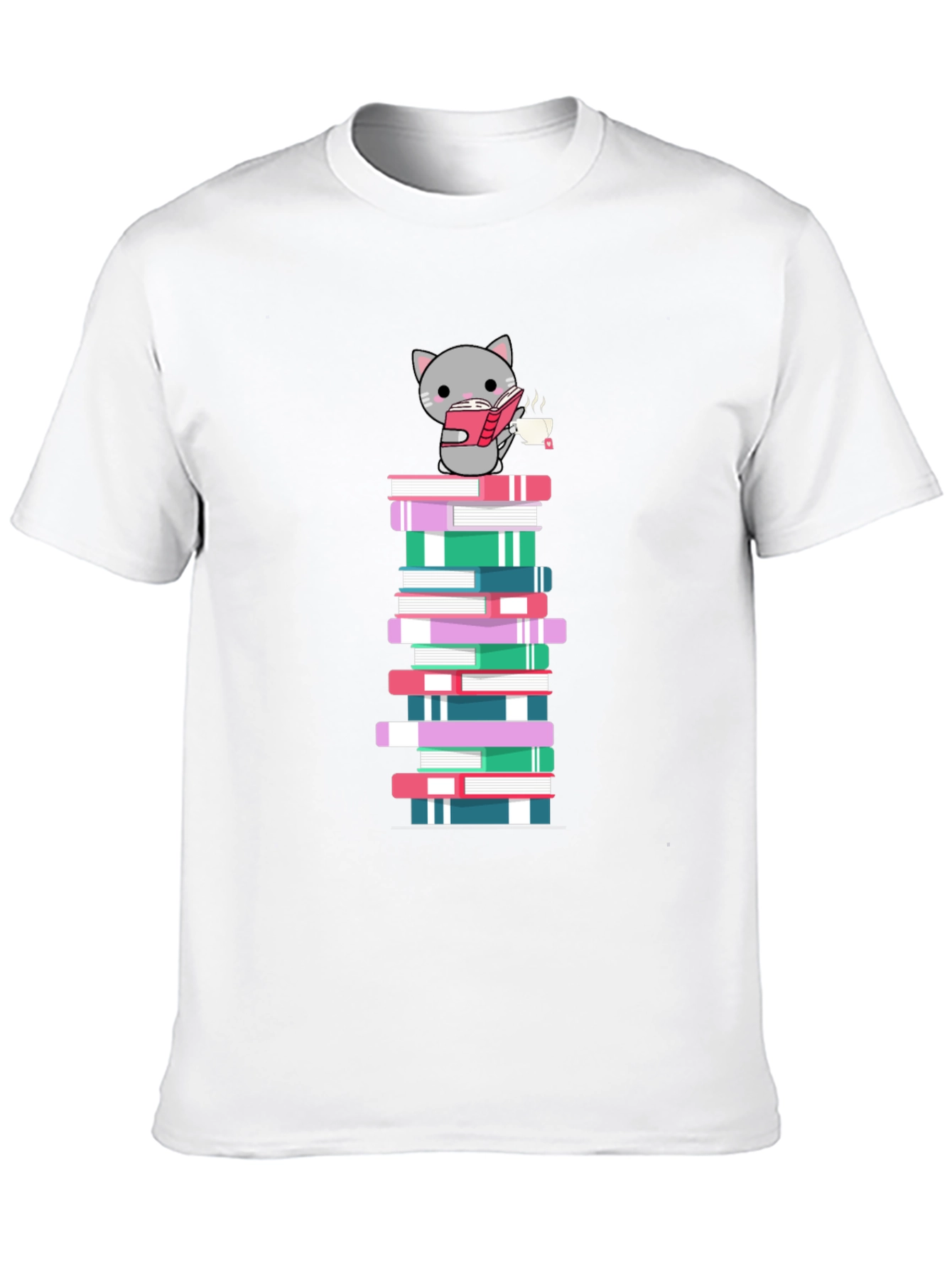 Cat Reading Book on Book Stack T-Shirt