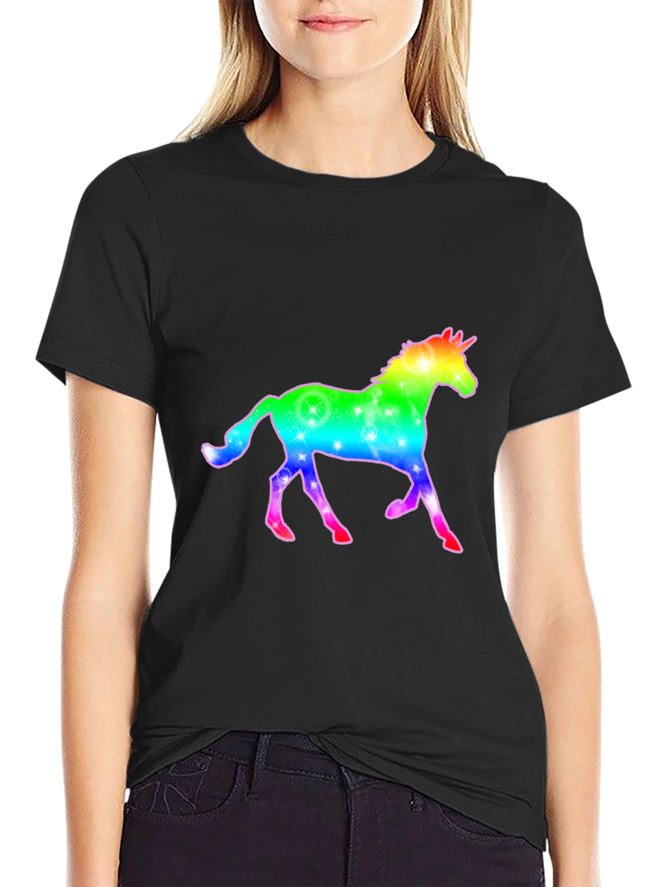 Rainbow Unicorn Graphic Black T-Shirt