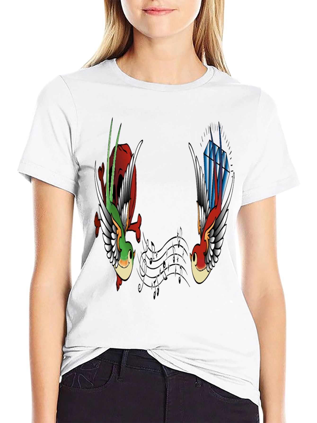Music Birds Graphic Tee - Black Casual T-Shirt