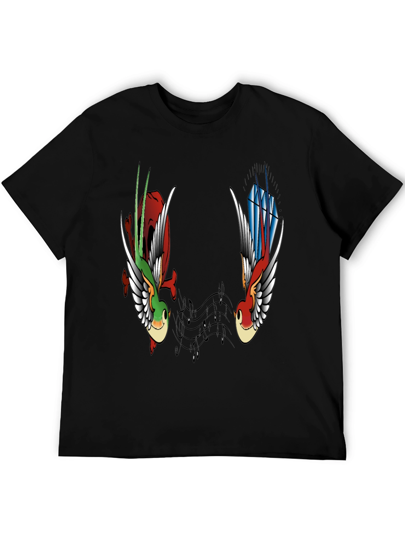 Music Birds Graphic Tee - Black Casual T-Shirt